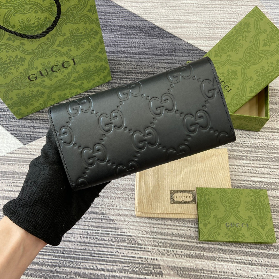 Luxury Gucci CONTINENTAL WALLET 19 IN BLACK EMBOSSED CALFSKIN GOLD HARDWARE