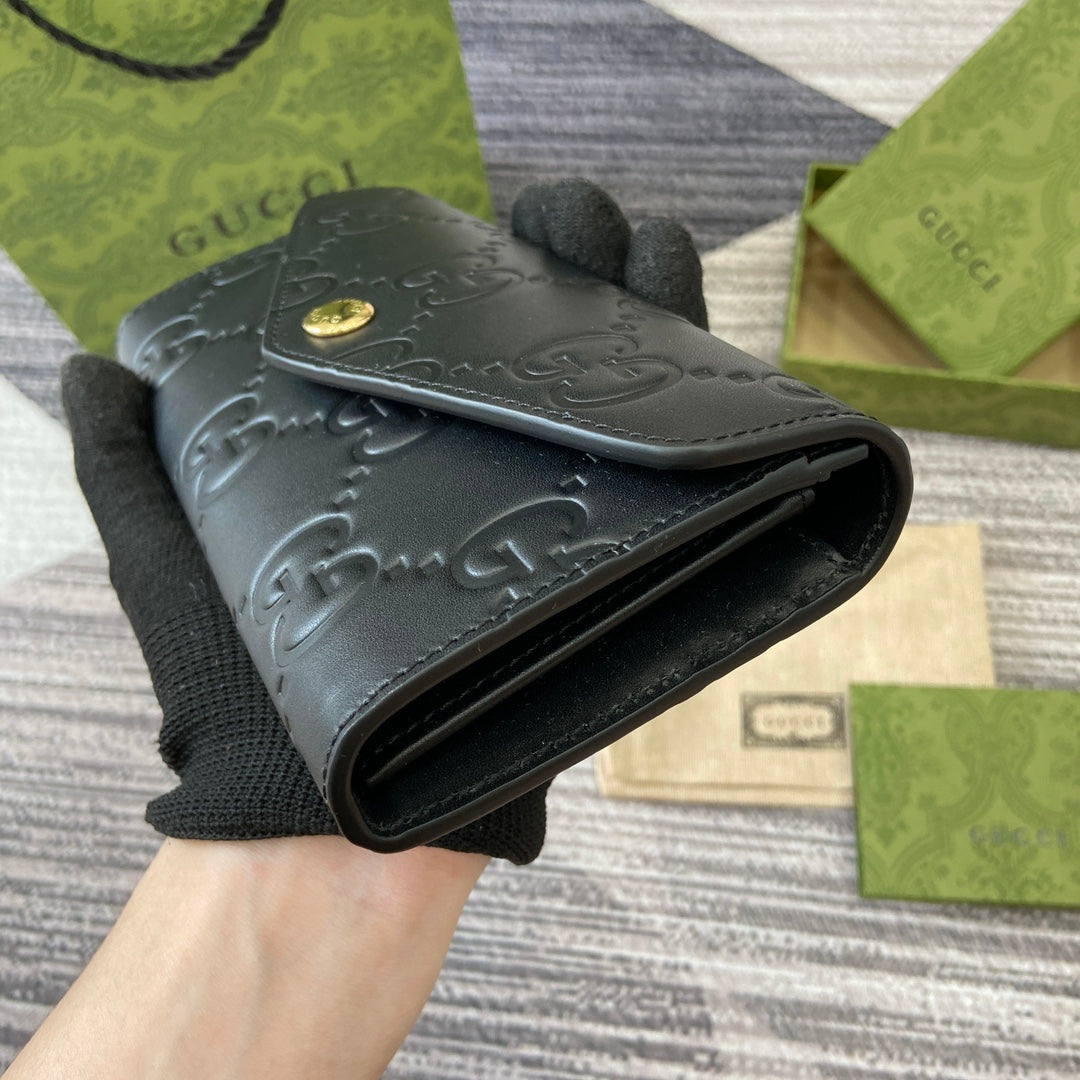 Luxury Gucci CONTINENTAL WALLET 19 IN BLACK EMBOSSED CALFSKIN GOLD HARDWARE