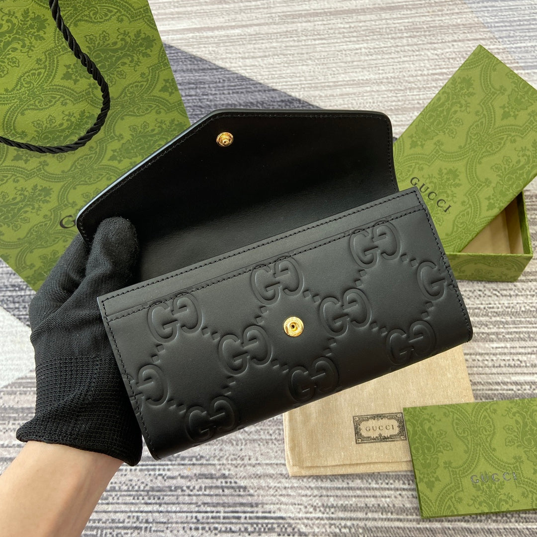 Luxury Gucci CONTINENTAL WALLET 19 IN BLACK EMBOSSED CALFSKIN GOLD HARDWARE