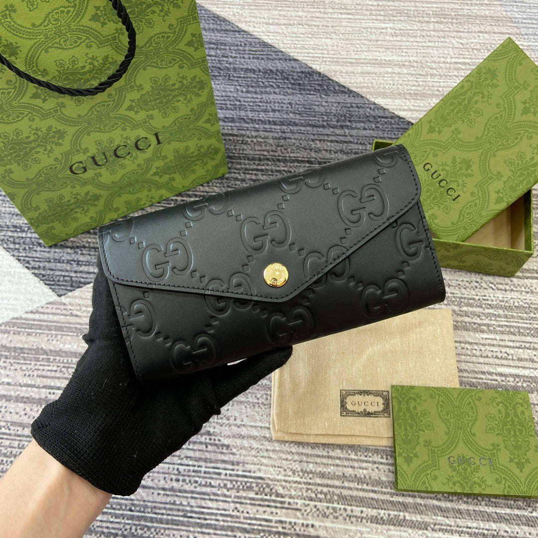 Luxury Gucci CONTINENTAL WALLET 19 IN BLACK EMBOSSED CALFSKIN GOLD HARDWARE