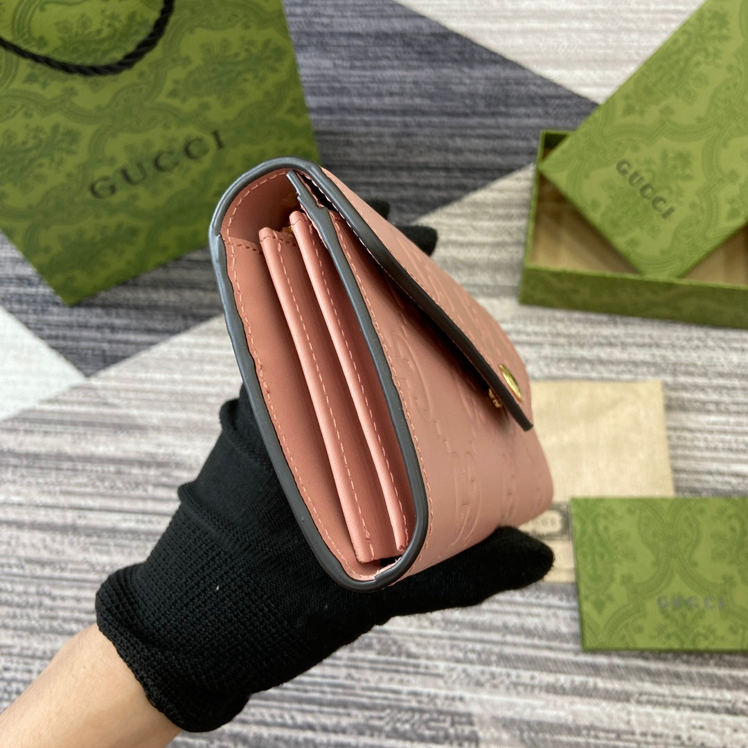 Luxury Gucci CONTINENTAL WALLET 19 IN PINK EMBOSSED CALFSKIN GOLD HARDWARE