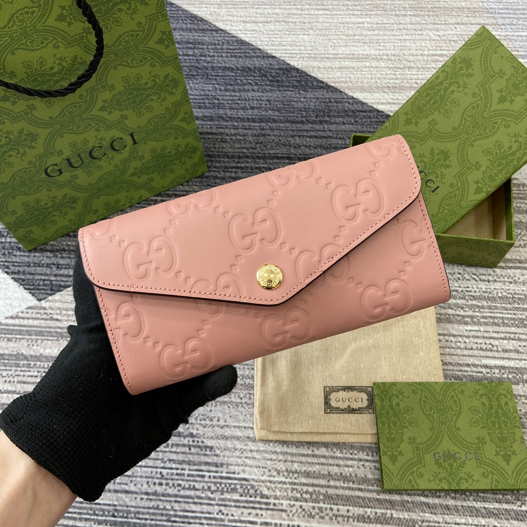 Luxury Gucci CONTINENTAL WALLET 19 IN PINK EMBOSSED CALFSKIN GOLD HARDWARE
