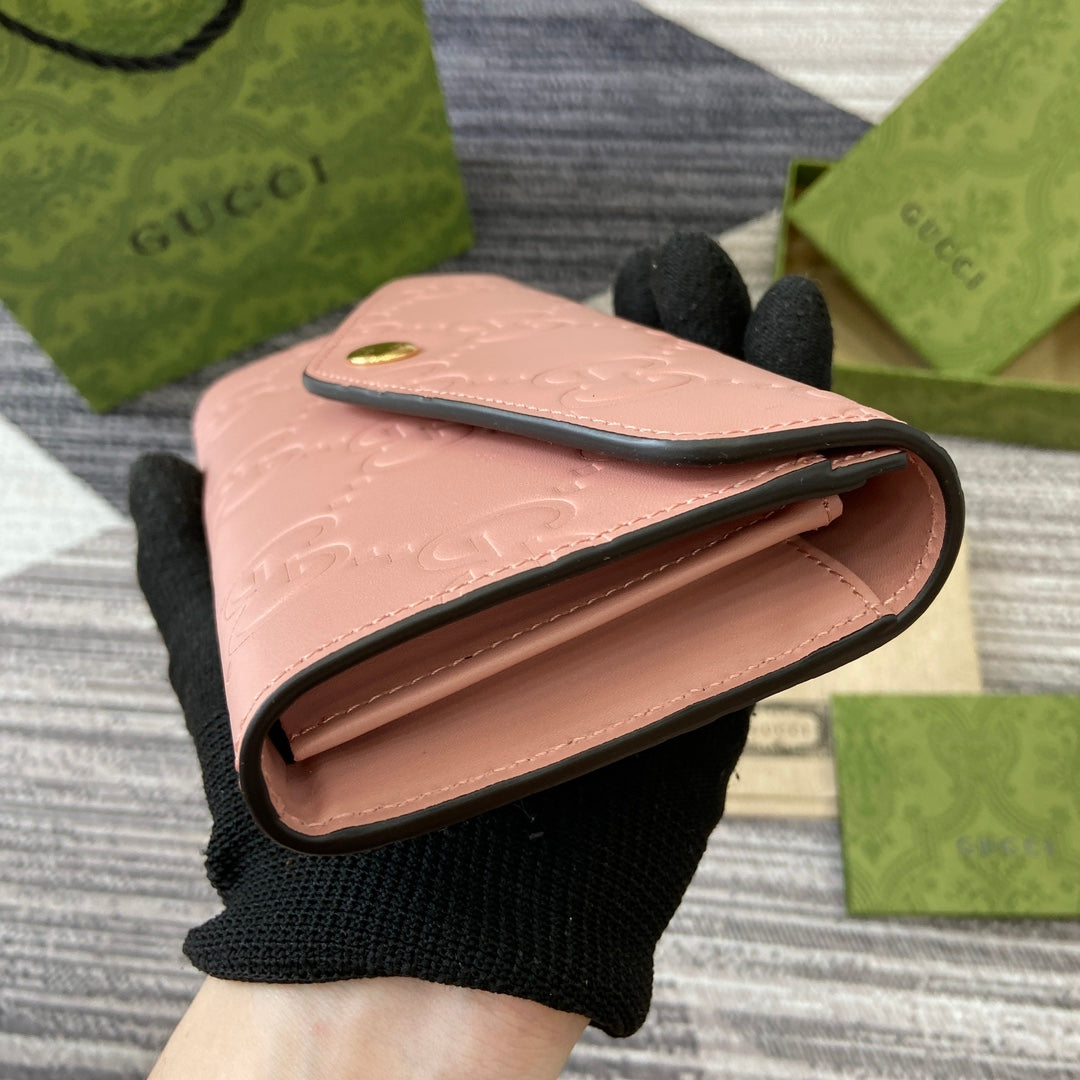 Luxury Gucci CONTINENTAL WALLET 19 IN PINK EMBOSSED CALFSKIN GOLD HARDWARE