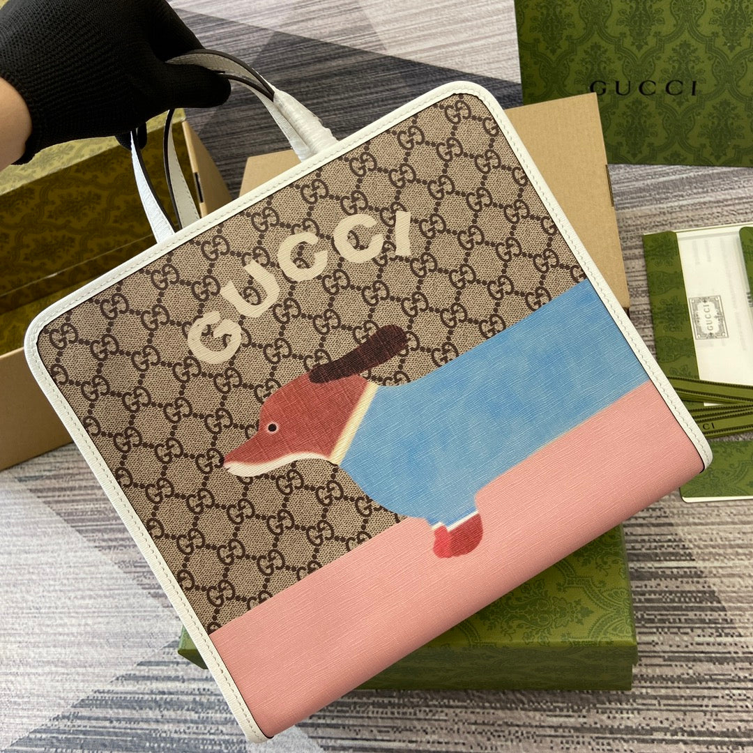 Luxury Gucci CHILDREN'S PUPPY PRINT TOTE BAG 28 IN BEIGE CANVAS AND WHITE CALFSKIN TRIM
