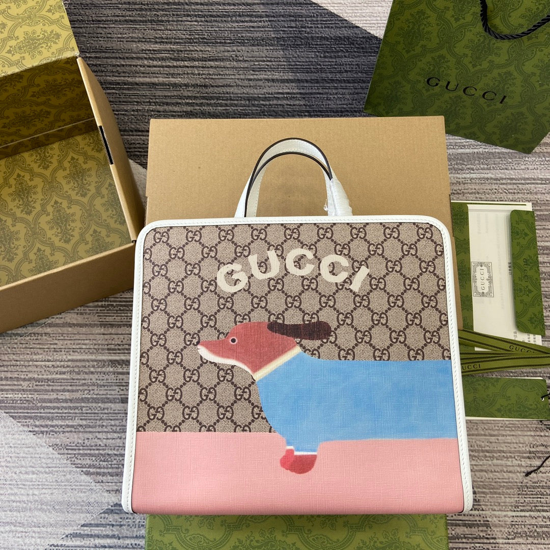 Luxury Gucci CHILDREN'S PUPPY PRINT TOTE BAG 28 IN BEIGE CANVAS AND WHITE CALFSKIN TRIM