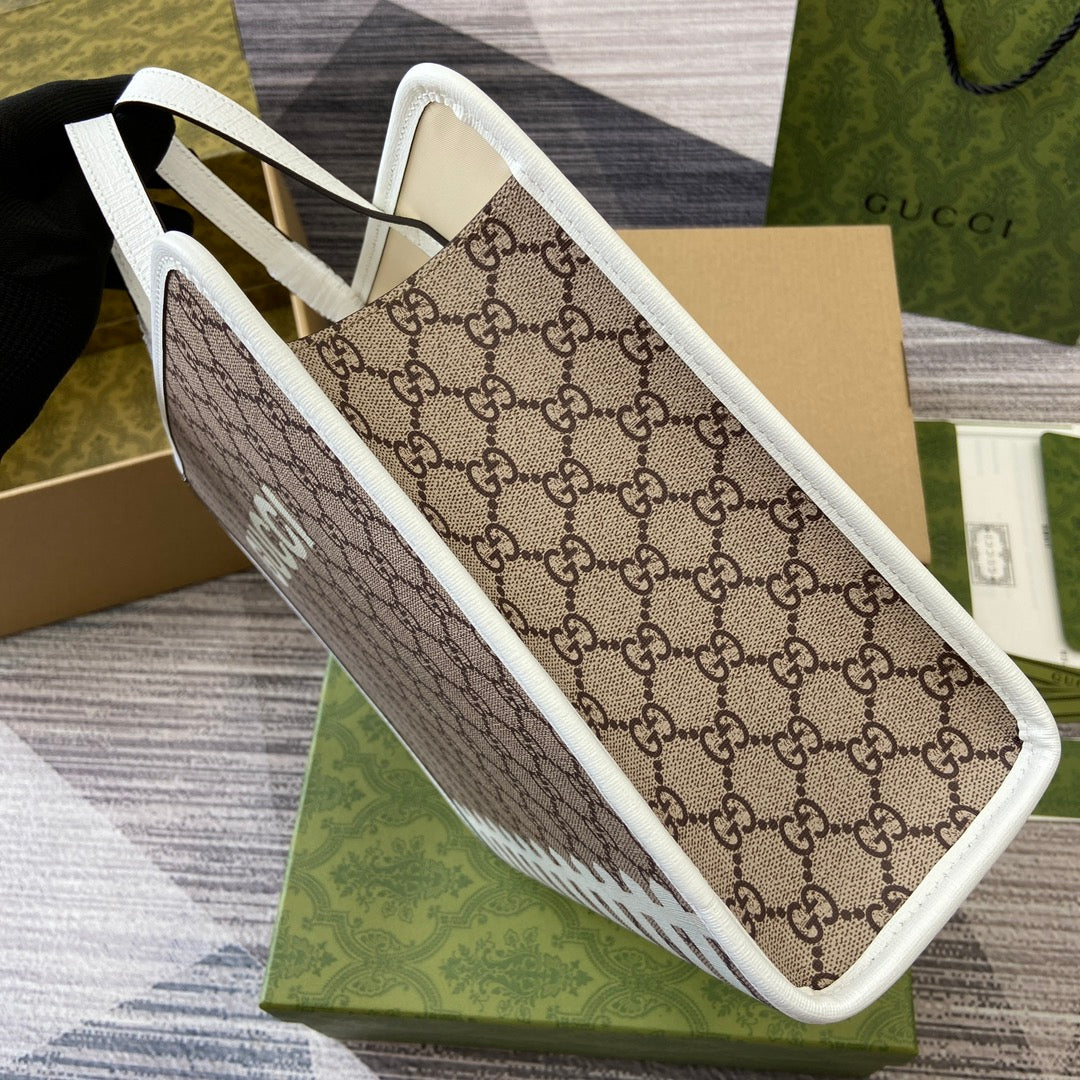 Luxury Gucci ANIMAL PRINT TOTE BAG 28 IN BEIGE CANVAS AND WHITE CALFSKIN TRIM