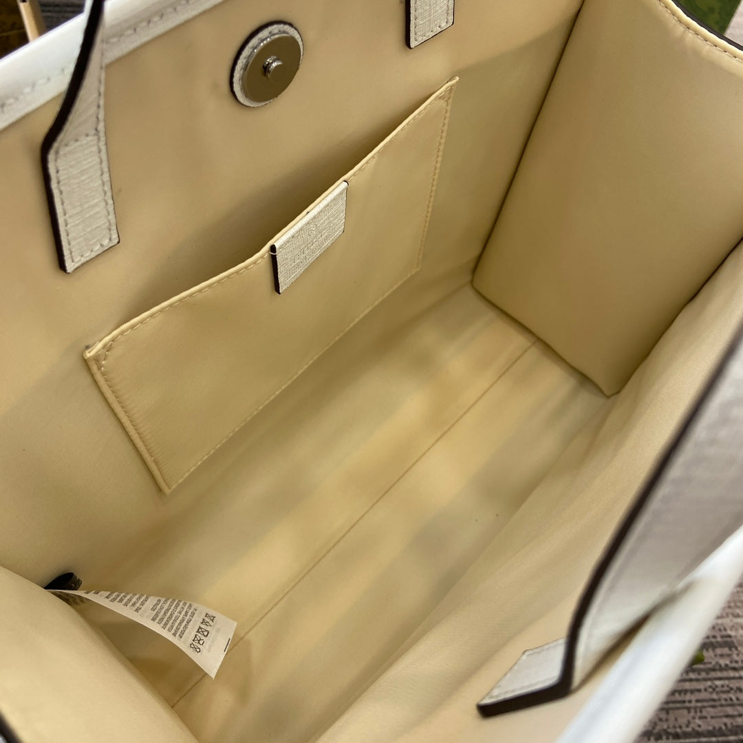 Luxury Gucci ANIMAL PRINT TOTE BAG 28 IN BEIGE CANVAS AND WHITE CALFSKIN TRIM