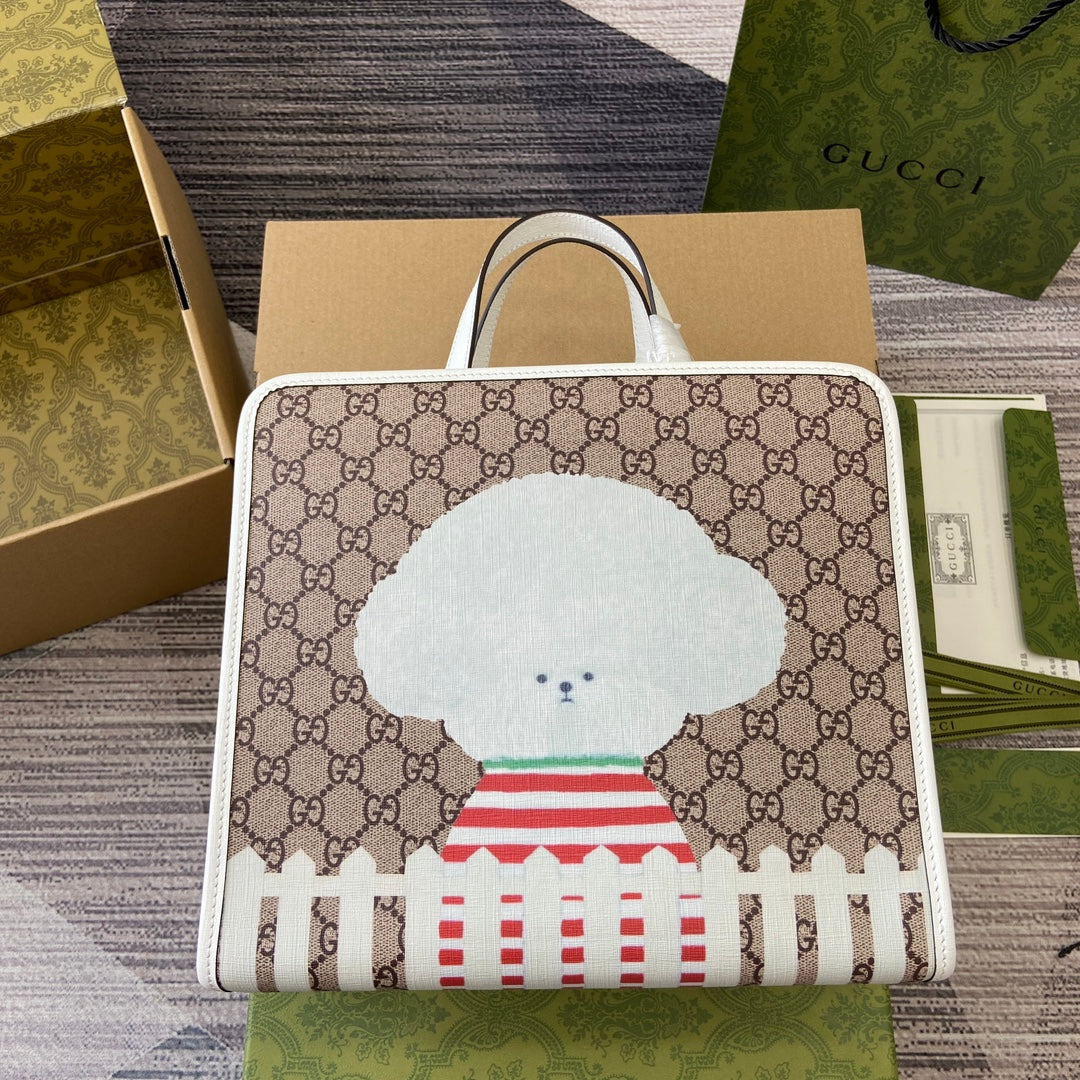 Luxury Gucci ANIMAL PRINT TOTE BAG 28 IN BEIGE CANVAS AND WHITE CALFSKIN TRIM