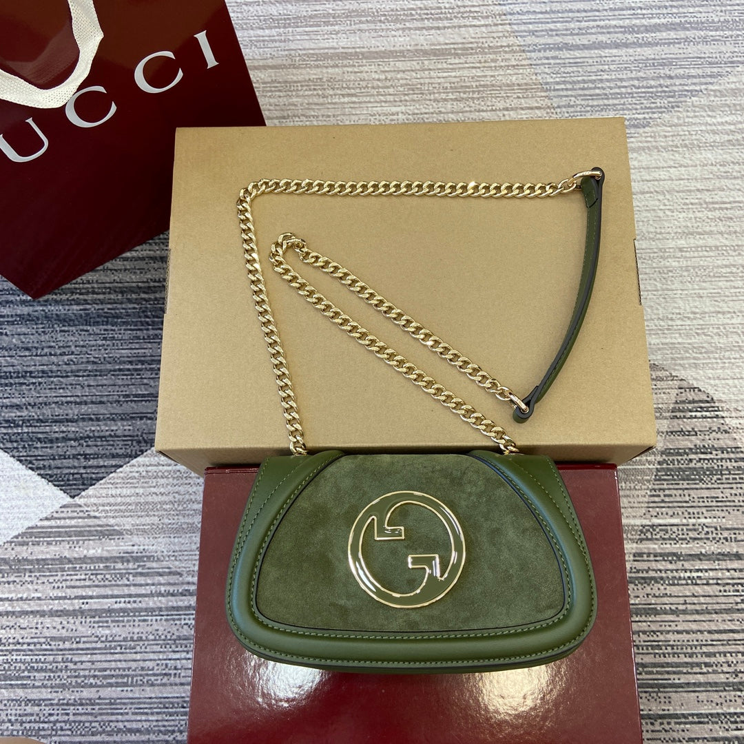 Luxury Gucci BLONDIE MINI SHOULDER BAG 21 IN JUNIPER GREEN CALFSKIN AND SUEDE GOLD HARDWARE