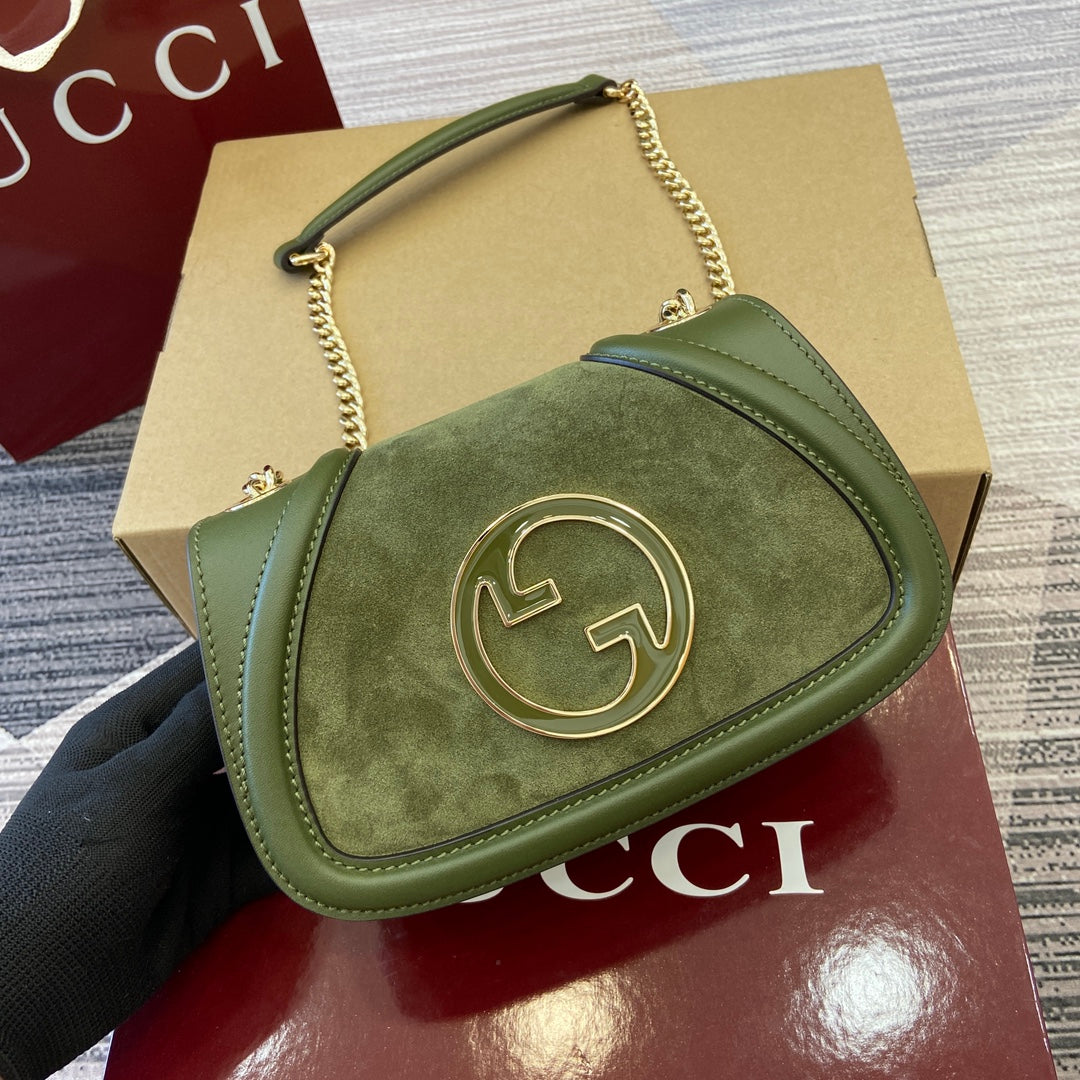 Luxury Gucci BLONDIE MINI SHOULDER BAG 21 IN JUNIPER GREEN CALFSKIN AND SUEDE GOLD HARDWARE