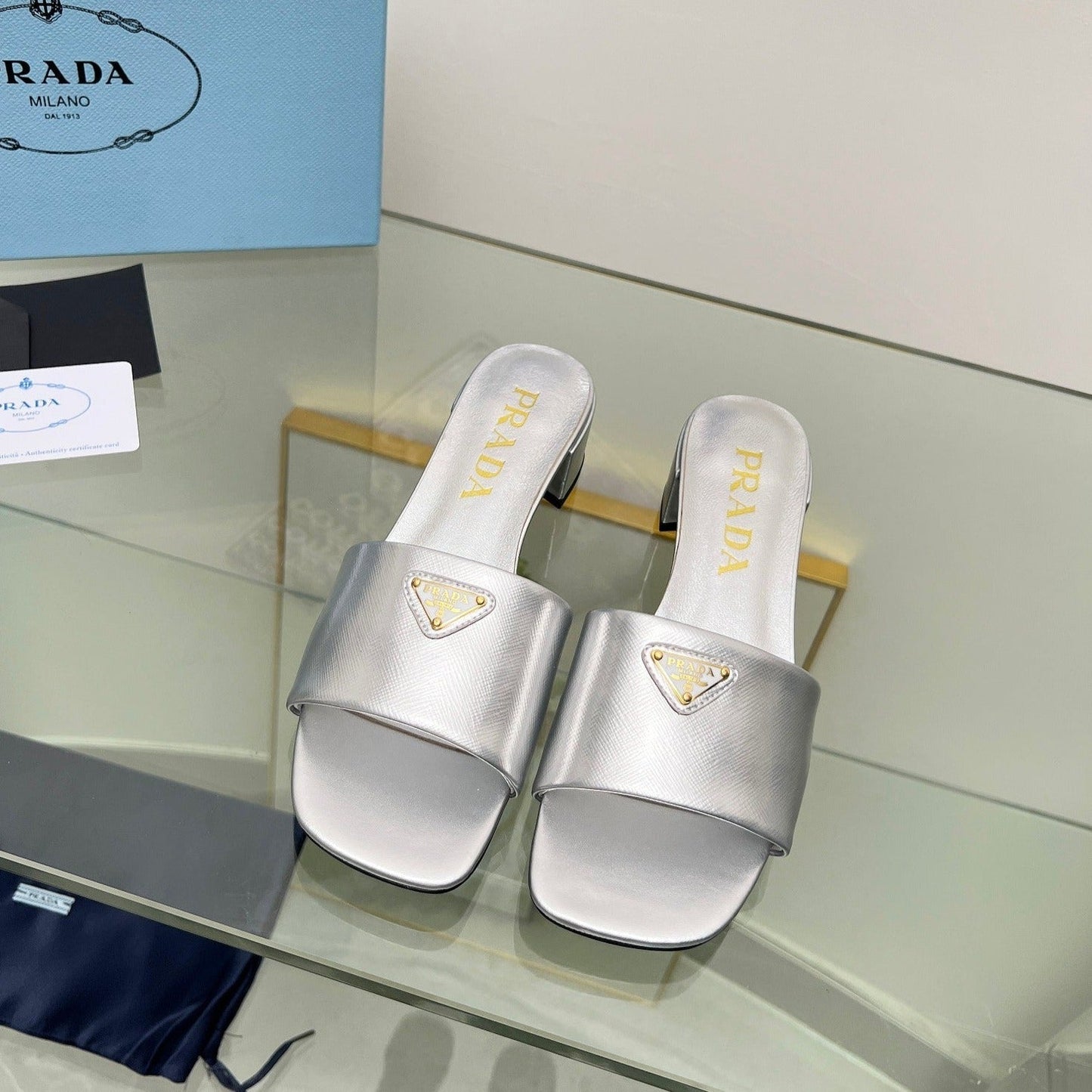 Luxury PradaEMBROIDERED SLIDES 40 SILVER CALFSKIN