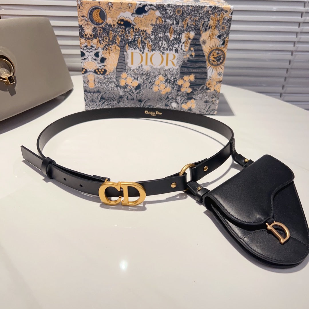 Luxury Diorsaddle removable pouch black calfskin belt