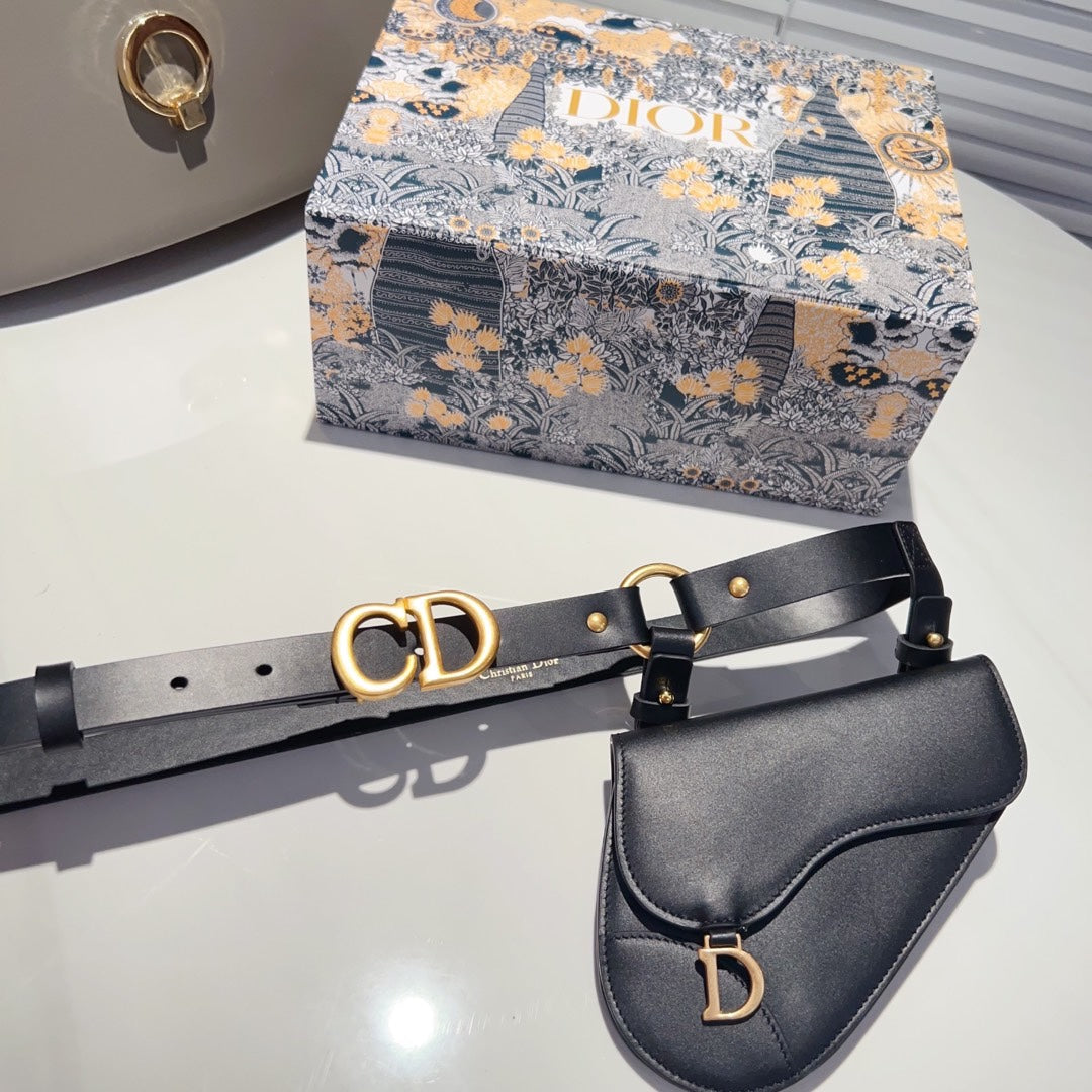 Luxury Diorsaddle removable pouch black calfskin belt