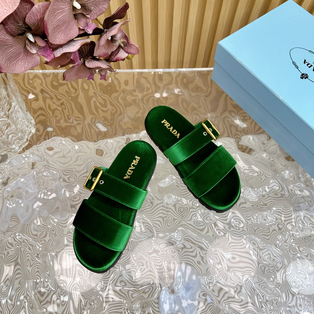 Luxury PradaSLIDES SANDALS DARK GREEN VELVET