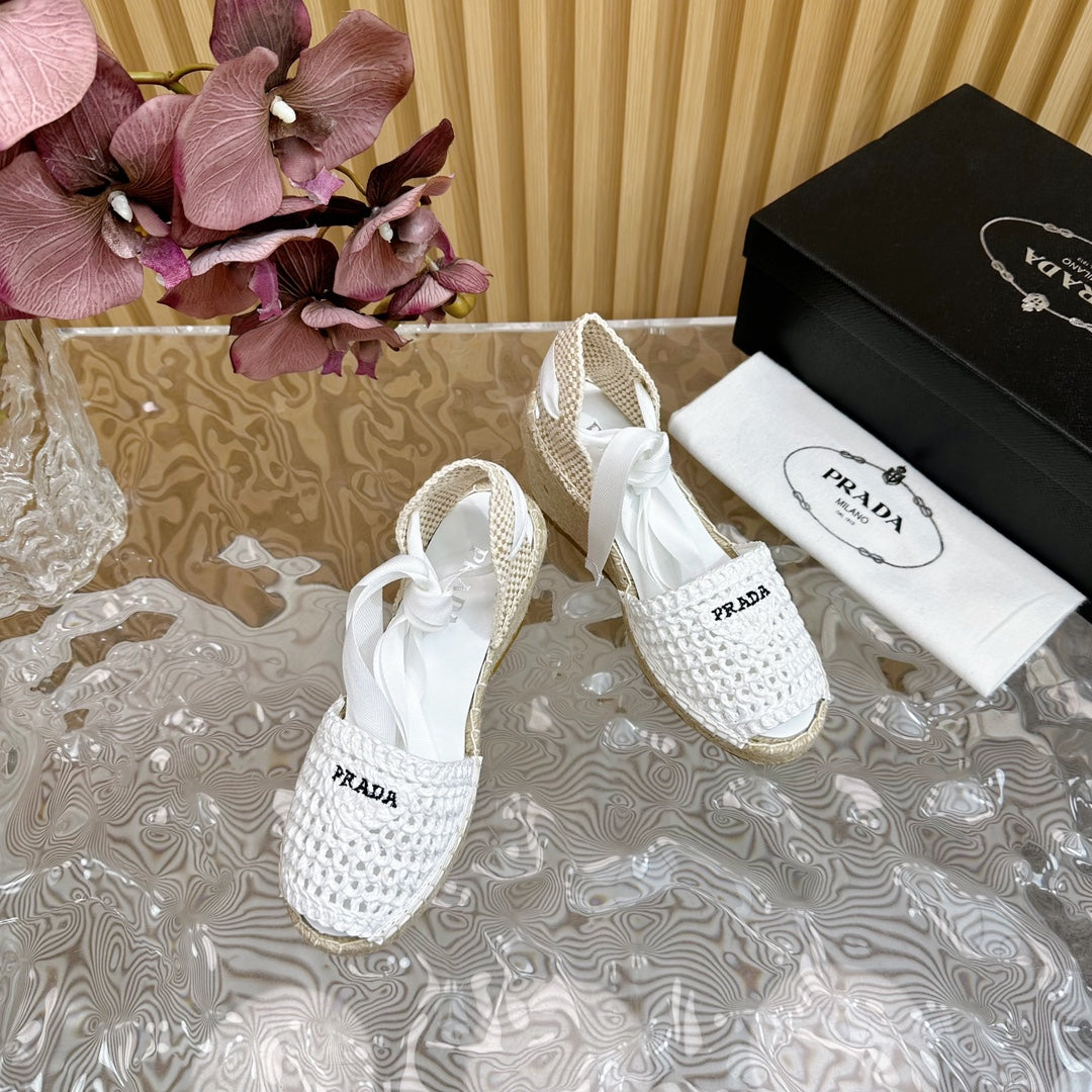 Luxury PradaESPADRILLE WEDGE SANDALS WHITE RAFFIA