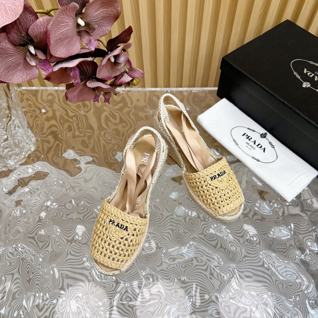 Luxury PradaESPADRILLE WEDGE SANDALS BEIGE RAFFIA