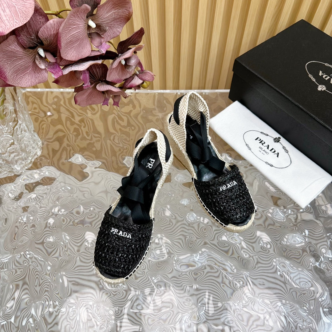 Luxury PradaESPADRILLE WEDGE SANDALS BLACK RAFFIA