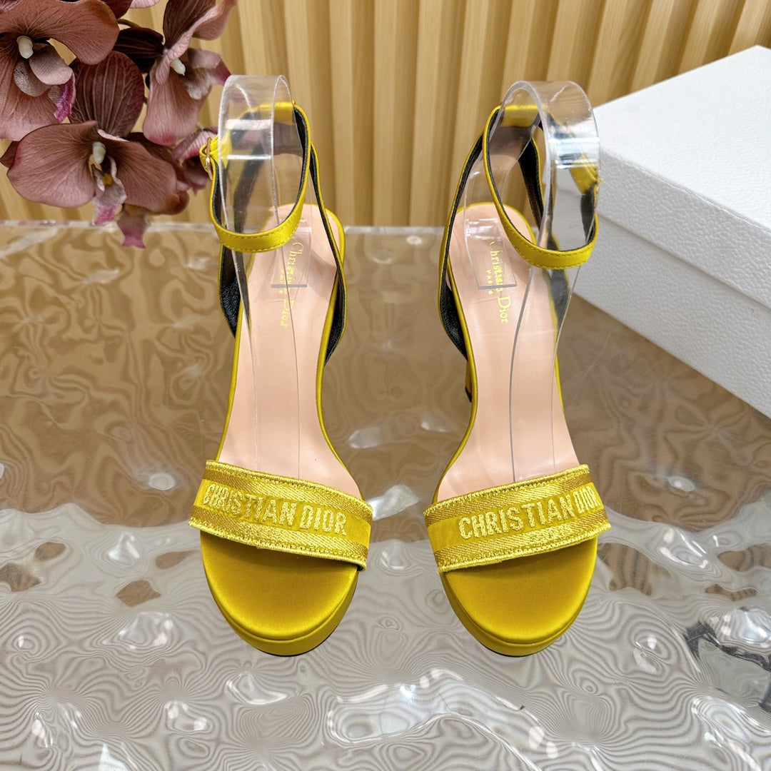 Luxury DiorDway Heeled Sandal 120mm Yellow Silk And Lambskin