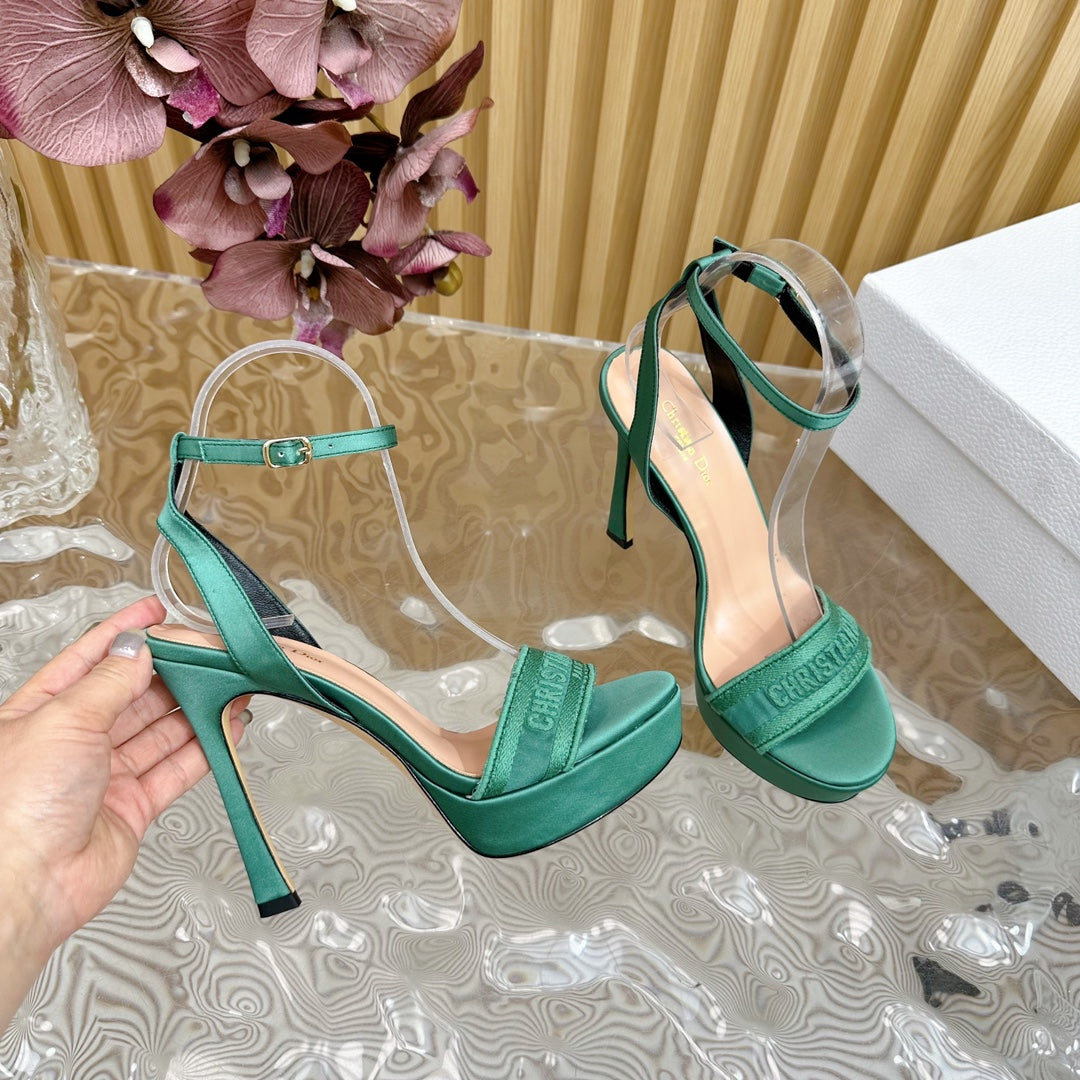 Luxury DiorDway Heeled Sandal 120mm Green Silk And Lambskin