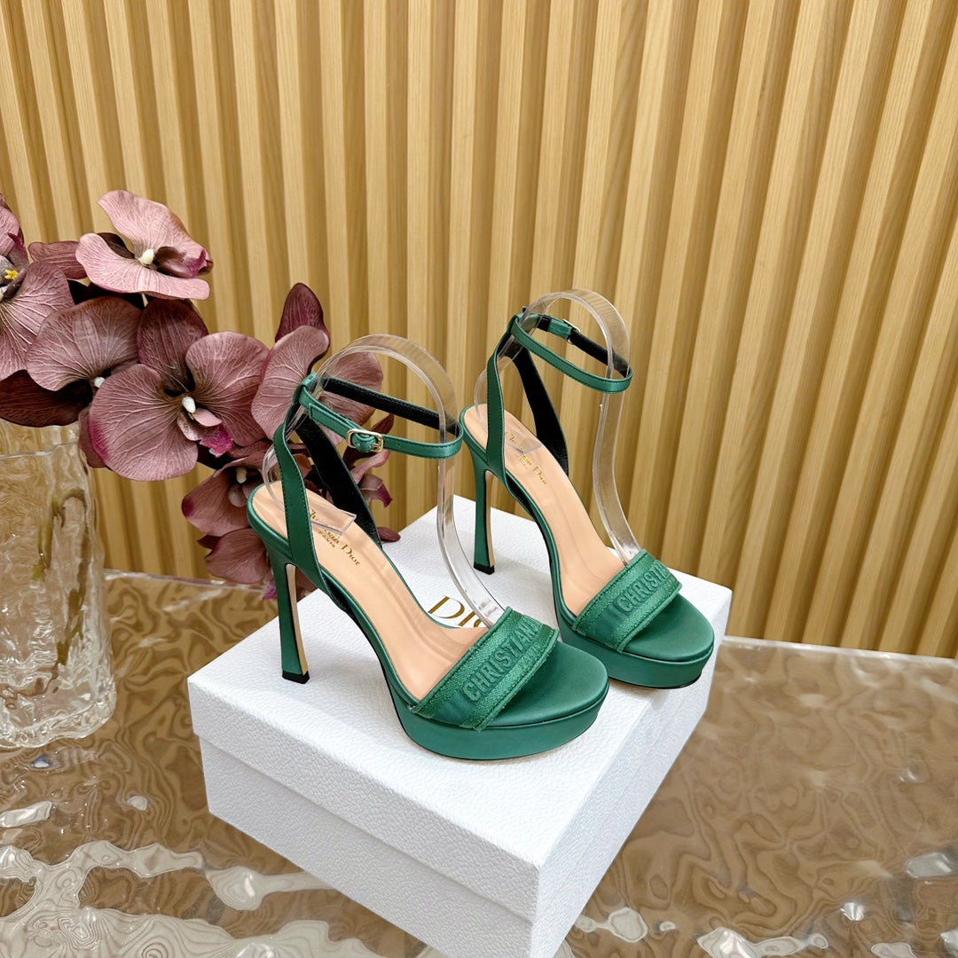 Luxury DiorDway Heeled Sandal 120mm Green Silk And Lambskin