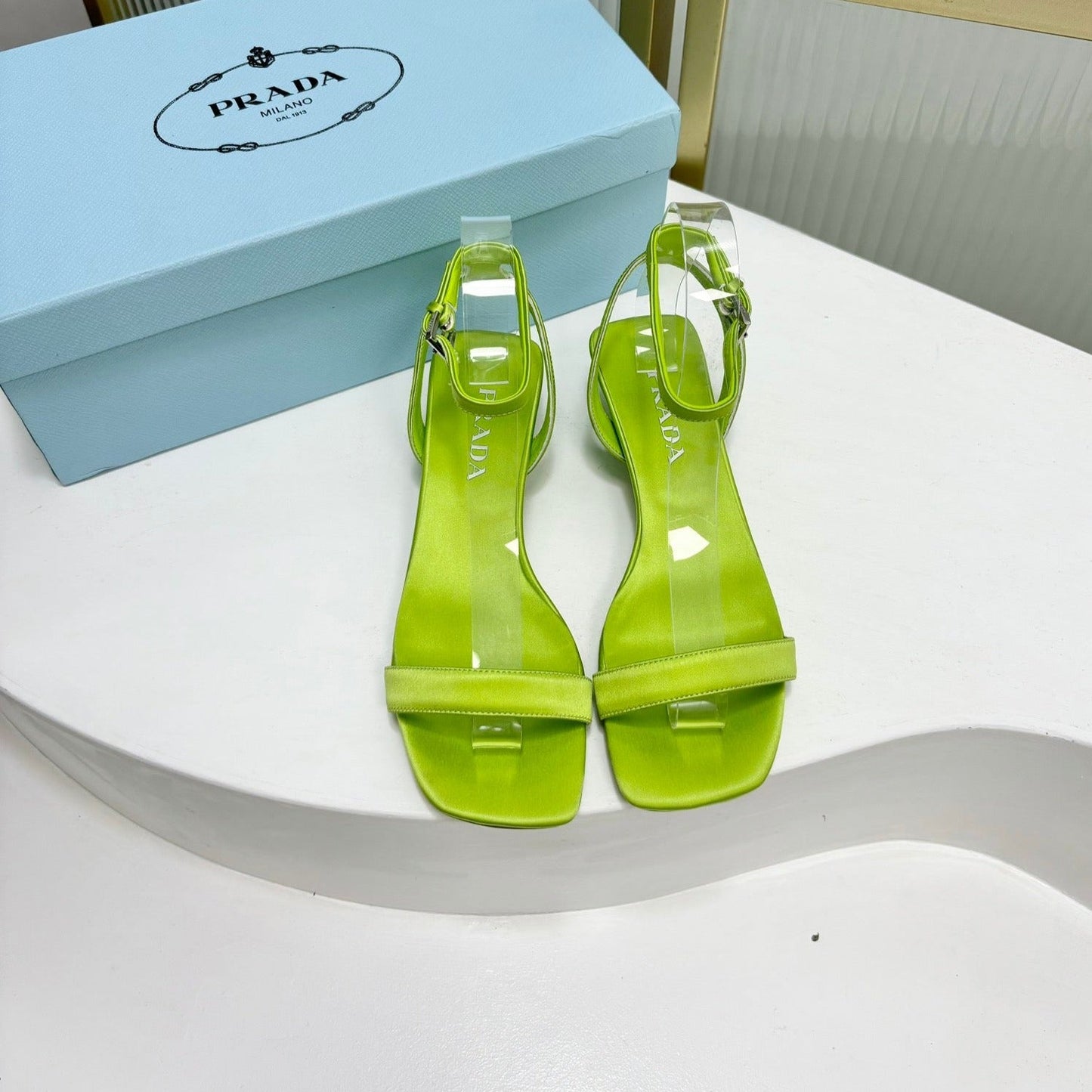 Luxury PradaTRIANGLE HEEL SATIN SANDALS CHARTREUSE