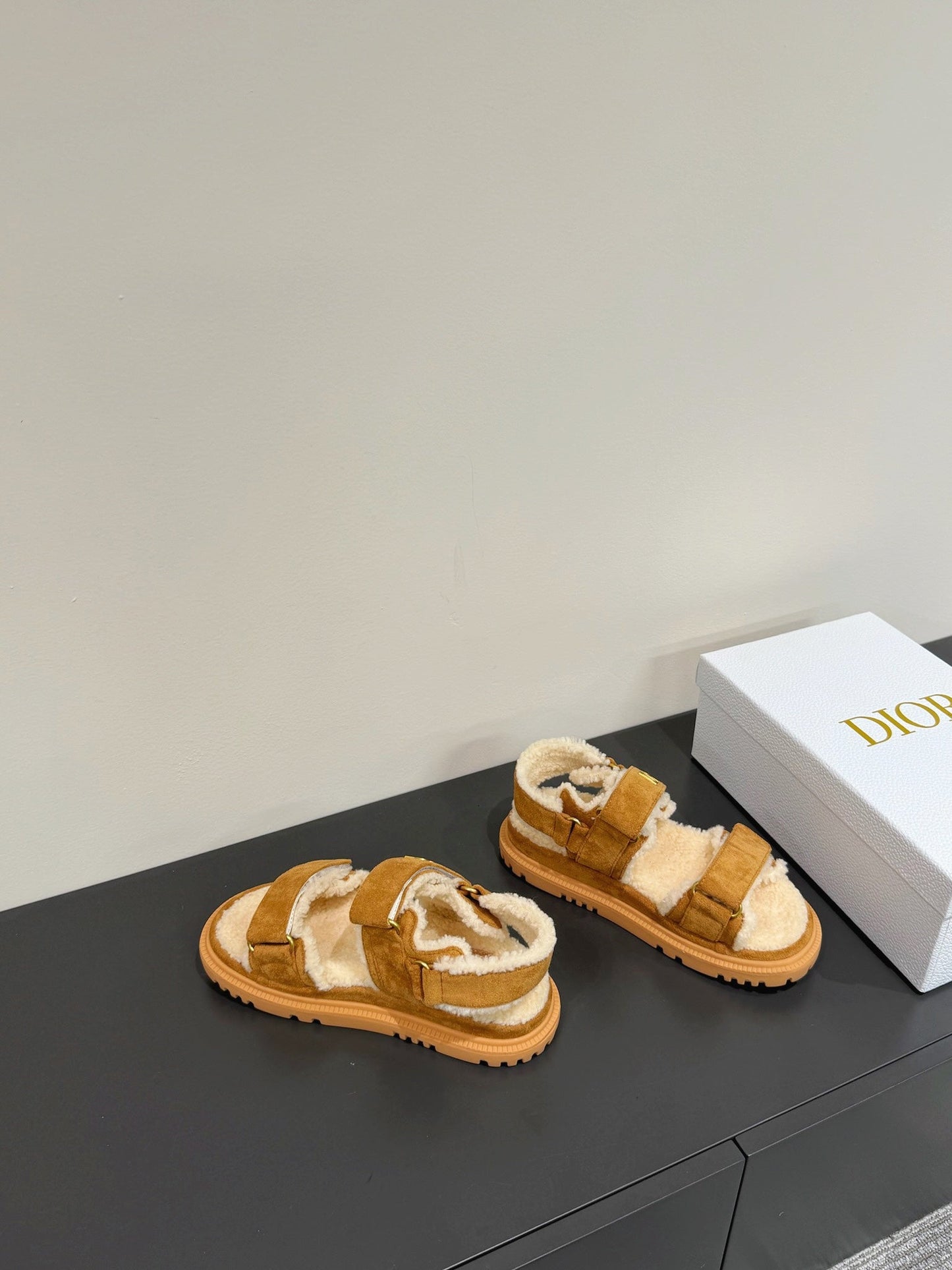 Luxury Dior DIORact Sandal In Caramel Suede And Wool Fleece Lining 109871