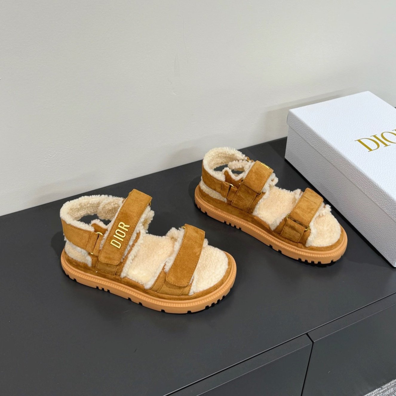 Luxury Dior DIORact Sandal In Caramel Suede And Wool Fleece Lining 109871