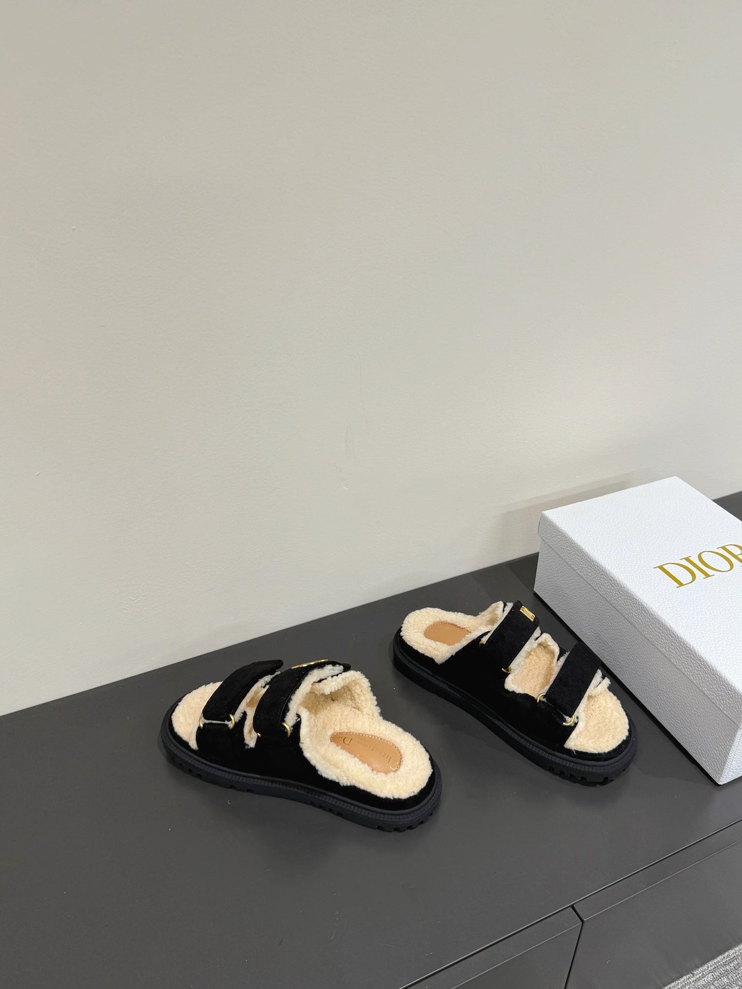 Luxury Dior DIORact Slide In Black Suede And Wool Fleece Lining 109875