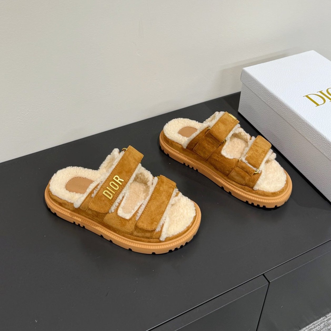 Luxury Dior DIORact Slide In Caramel Suede And Wool Fleece Lining 109877