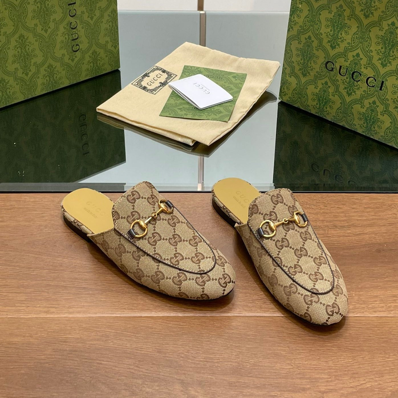 Luxury Gucci GG PRINCETOWN MULES LIGHT BROWN FABRIC