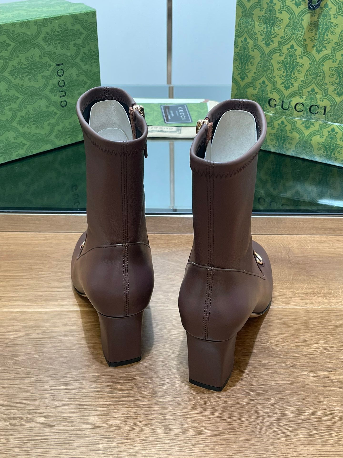 Luxury Gucci GG Horsebit Ankle Boot 65 Chocolate Calfskin