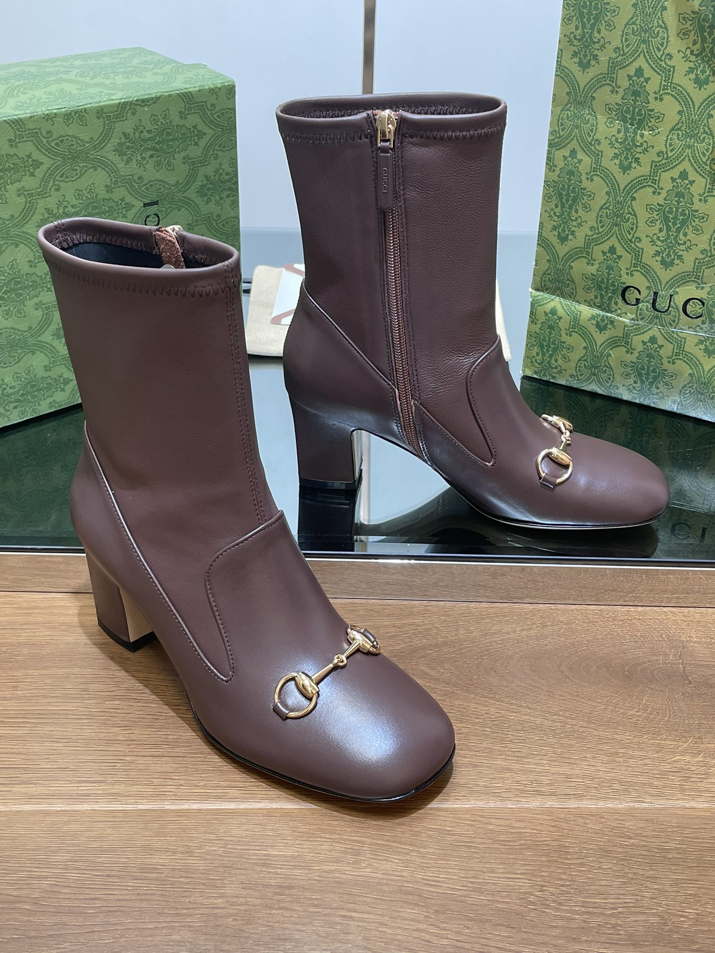 Luxury Gucci GG Horsebit Ankle Boot 65 Chocolate Calfskin