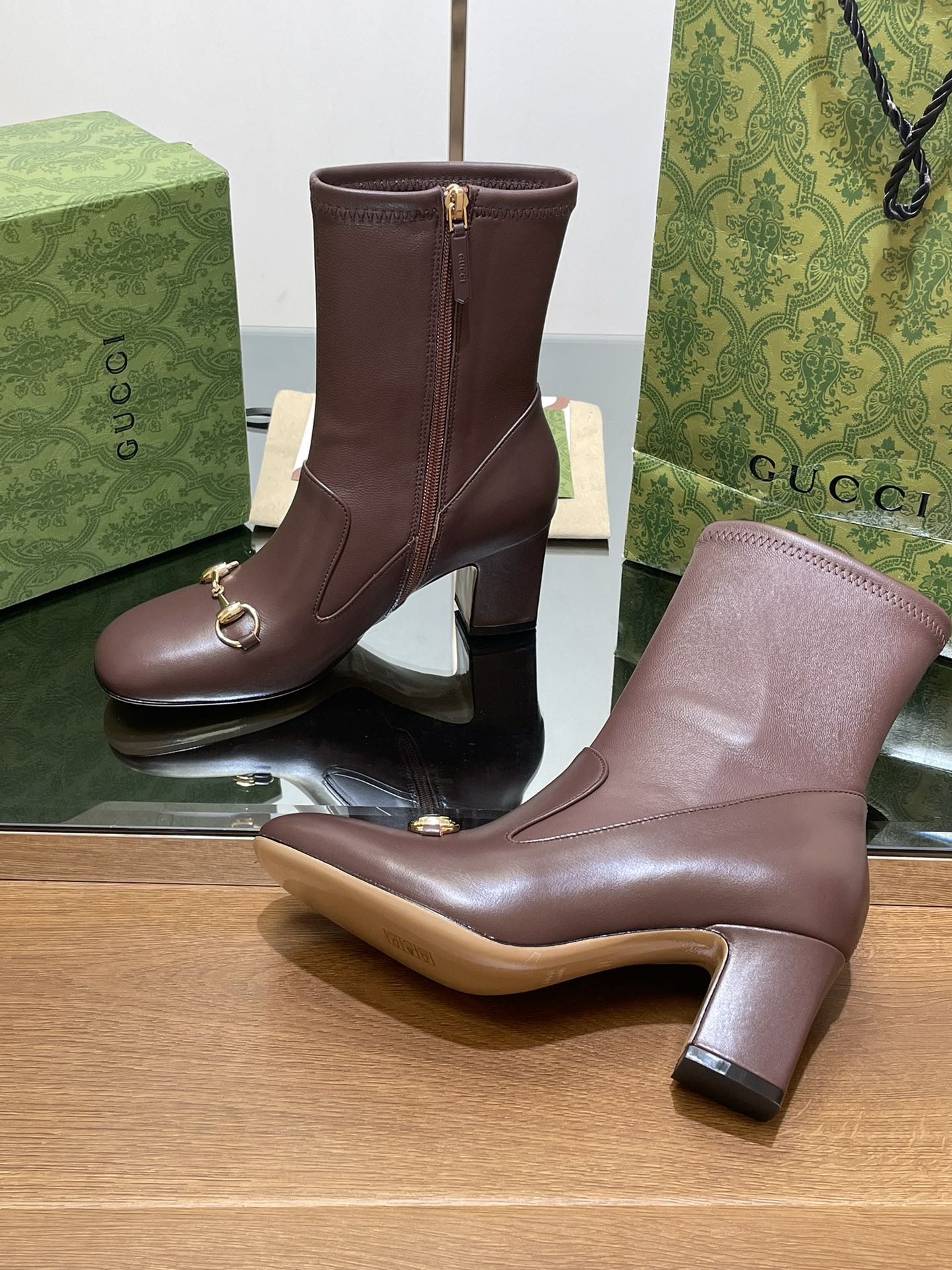 Luxury Gucci GG Horsebit Ankle Boot 65 Chocolate Calfskin