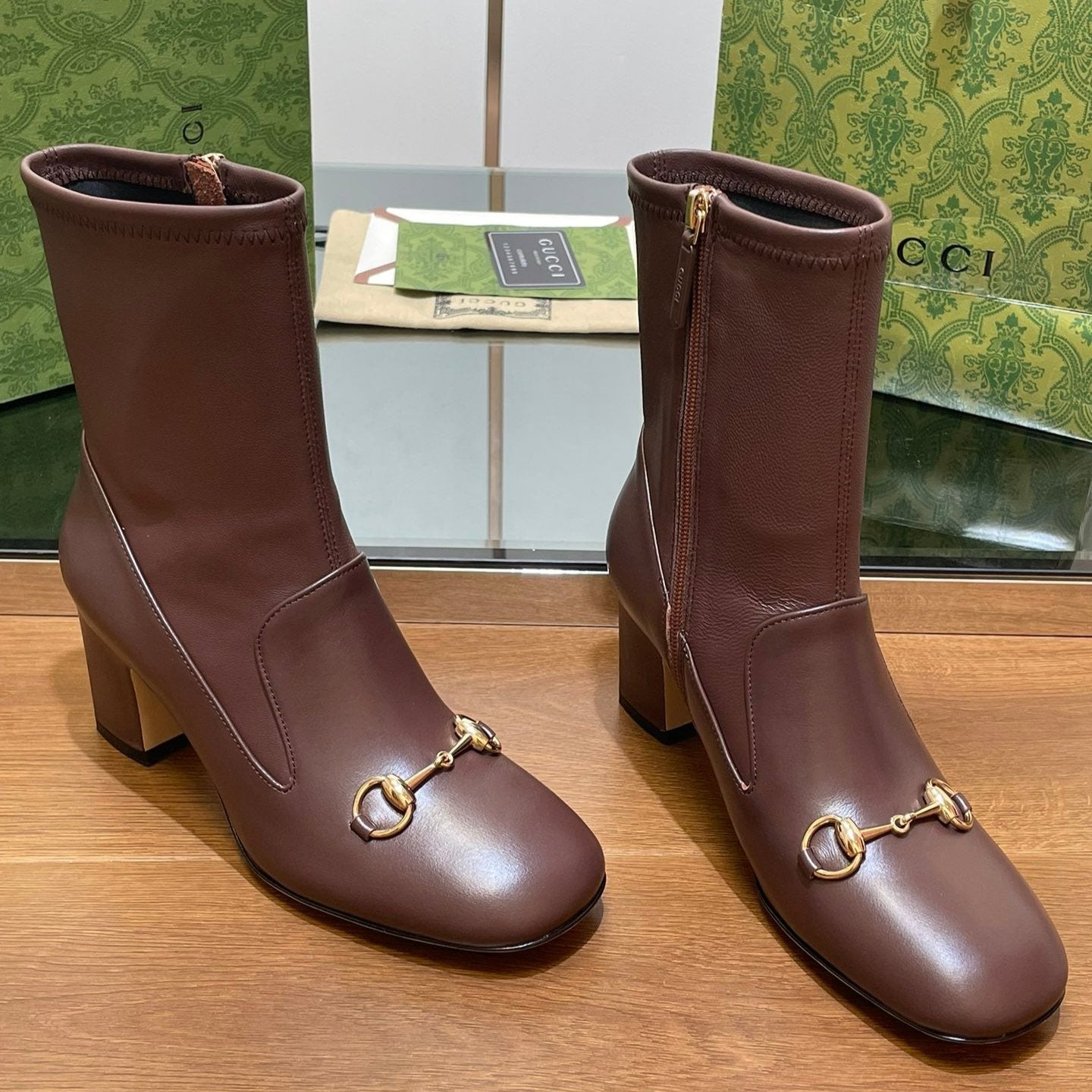 Luxury Gucci GG Horsebit Ankle Boot 65 Chocolate Calfskin