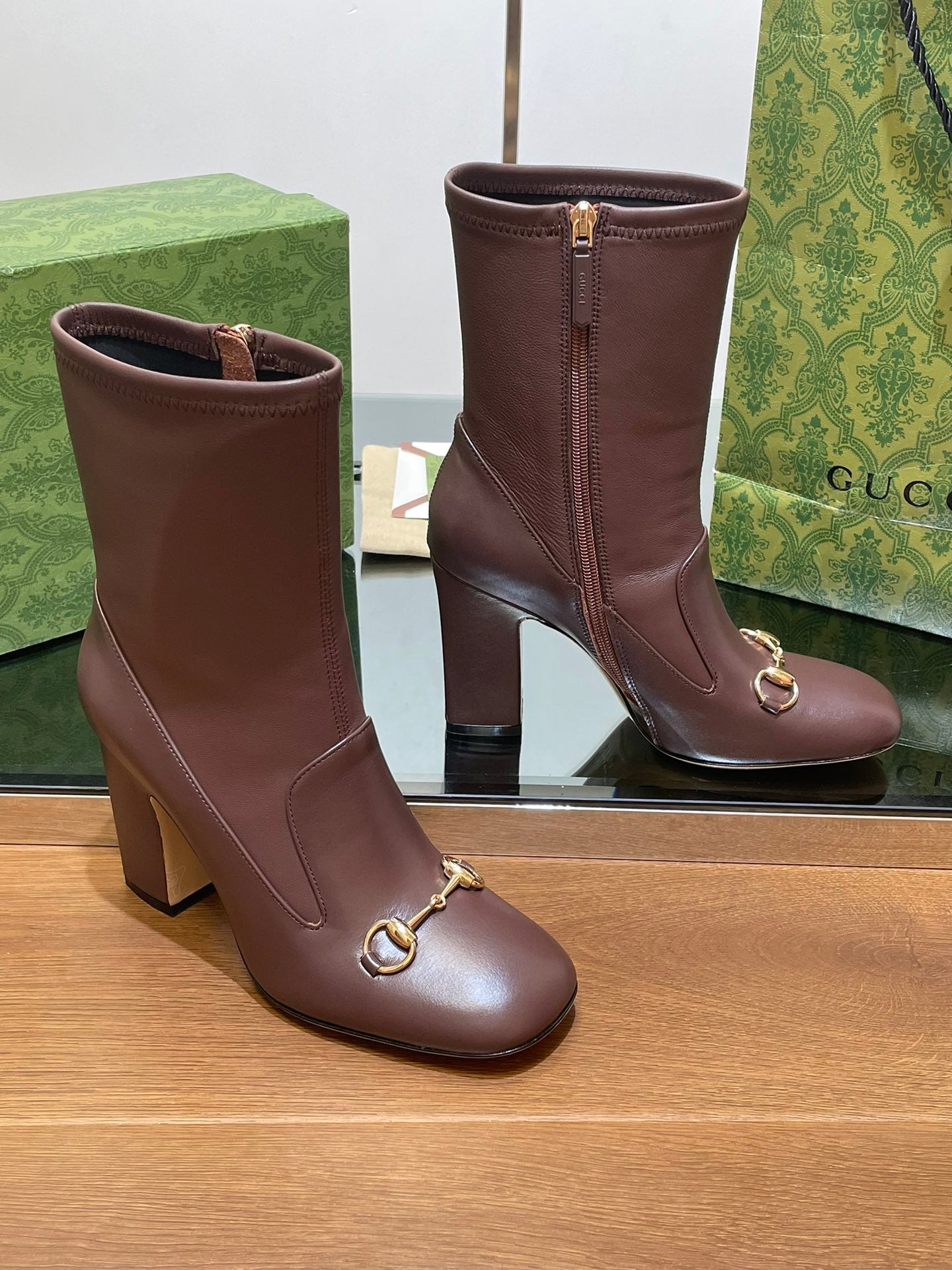 Luxury Gucci GG Horsebit Ankle Boot 95 Chocolate Calfskin