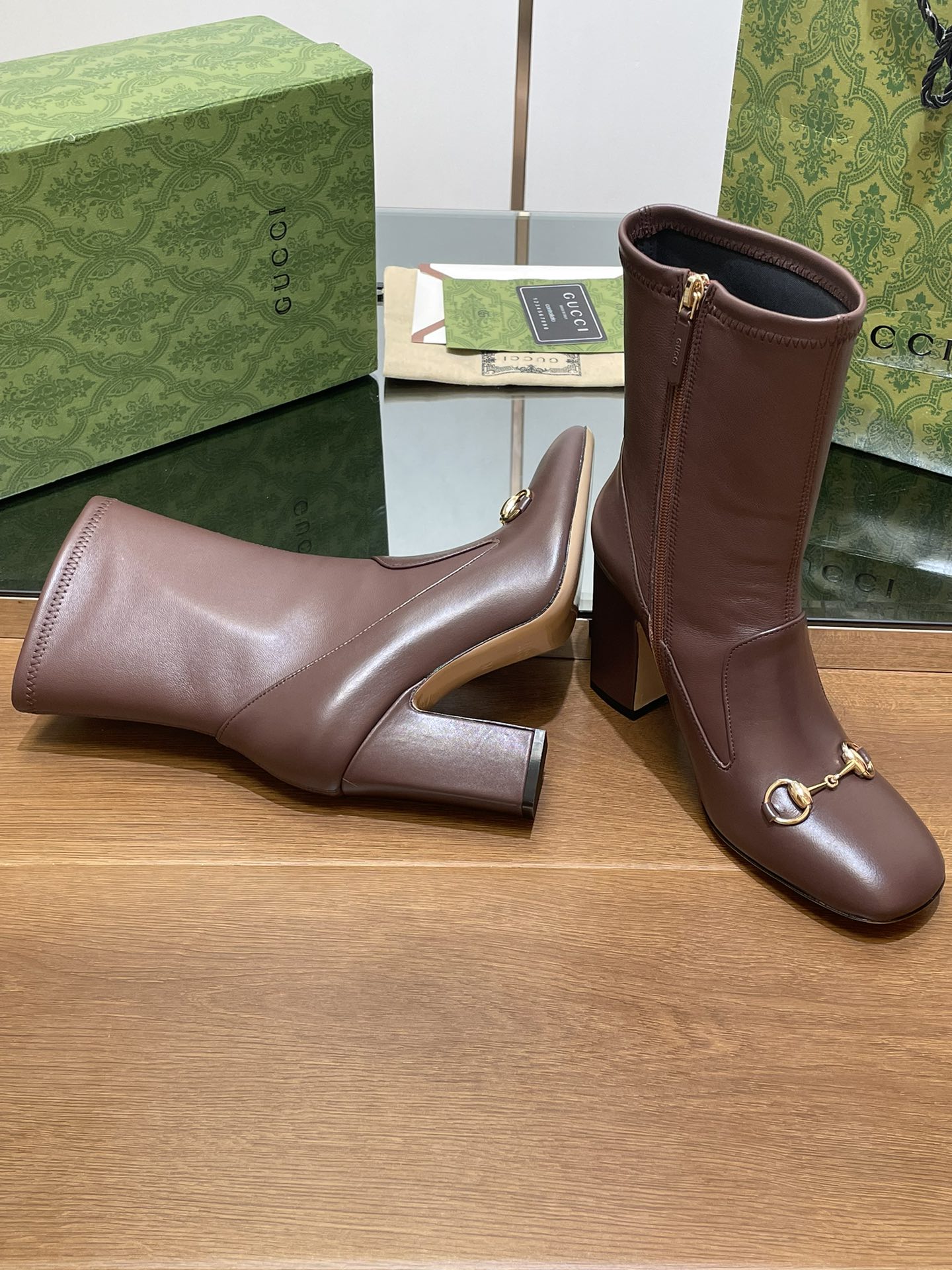 Luxury Gucci GG Horsebit Ankle Boot 95 Chocolate Calfskin