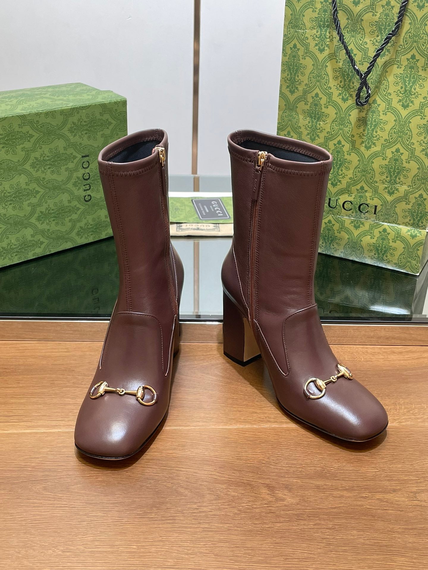 Luxury Gucci GG Horsebit Ankle Boot 95 Chocolate Calfskin