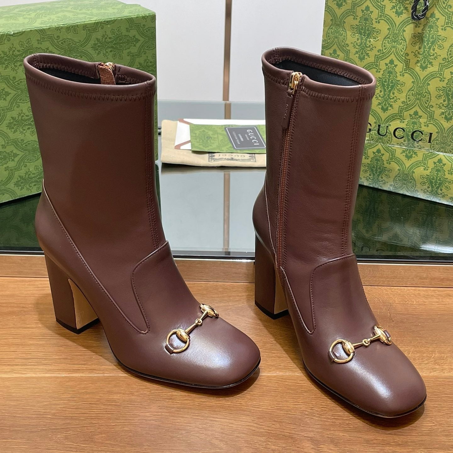 Luxury Gucci GG Horsebit Ankle Boot 95 Chocolate Calfskin