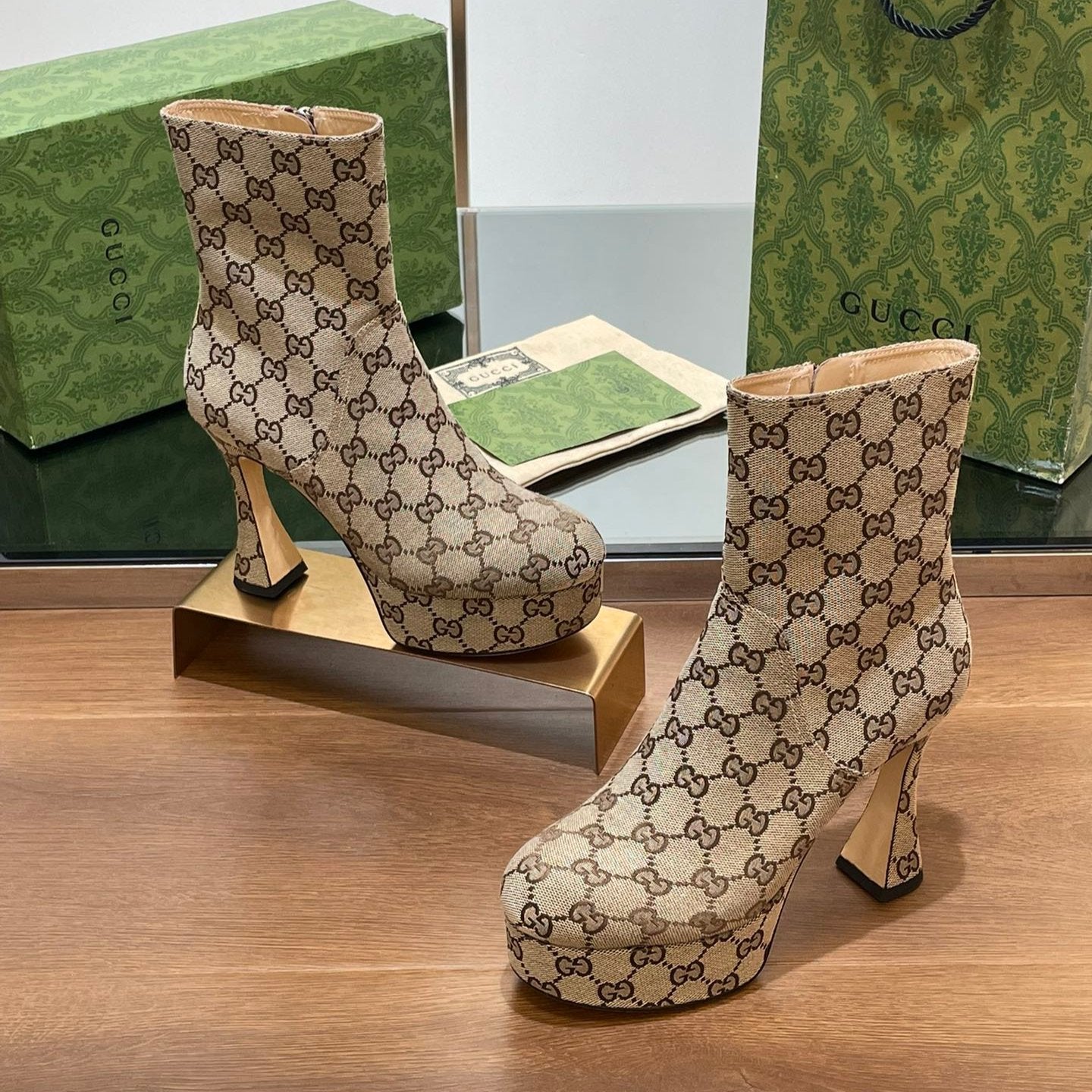 Luxury Gucci GG SHORT BOOTS 11.5 CM IN CAMEL BROWN MONOGRAM JACQUARD FABRIC