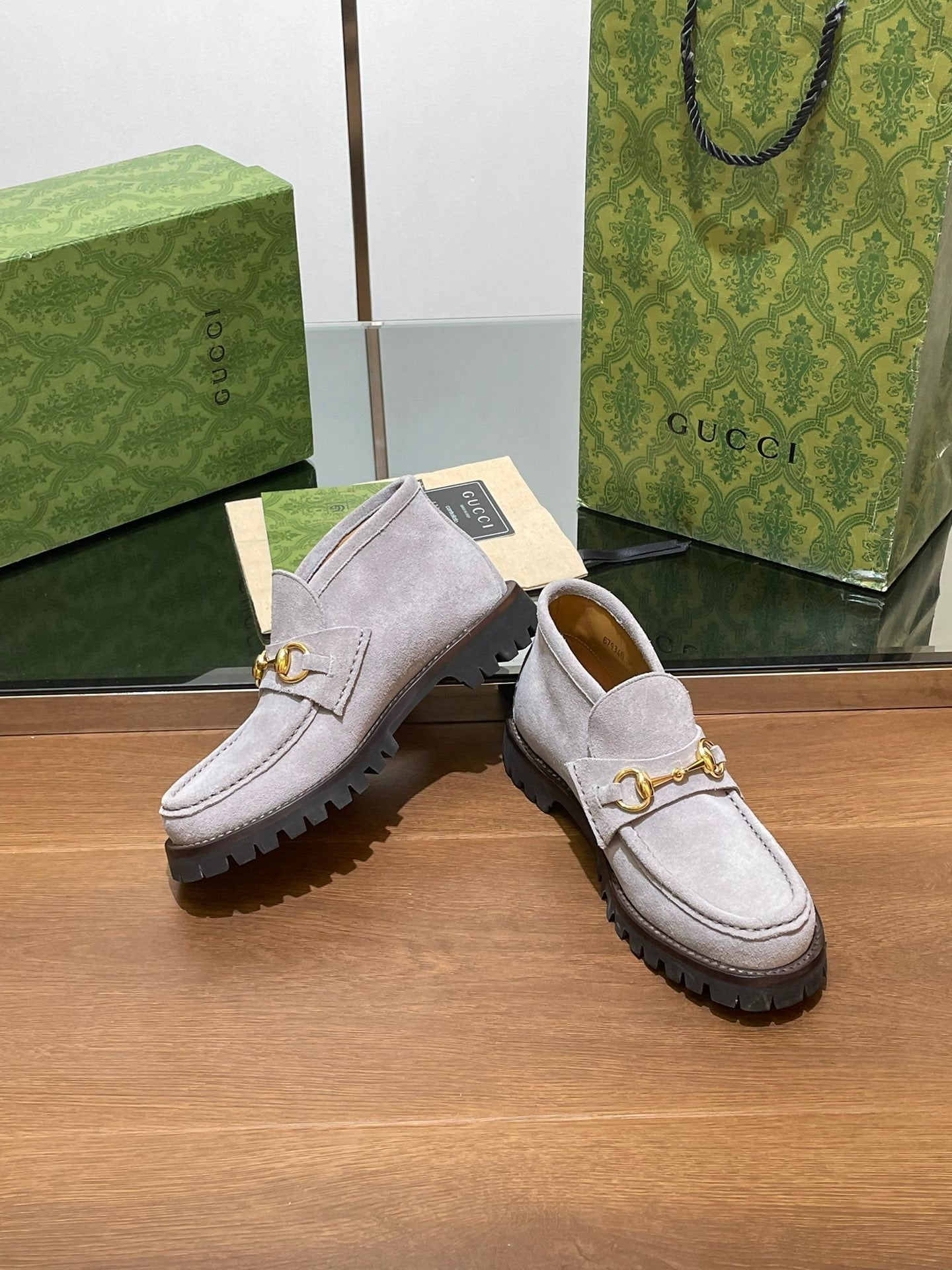 Luxury Gucci GG Ankle Boot With Horsebit 15 Grey Suede