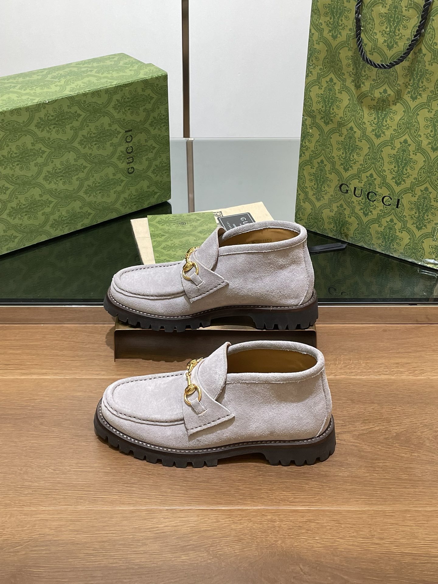 Luxury Gucci GG Ankle Boot With Horsebit 15 Grey Suede