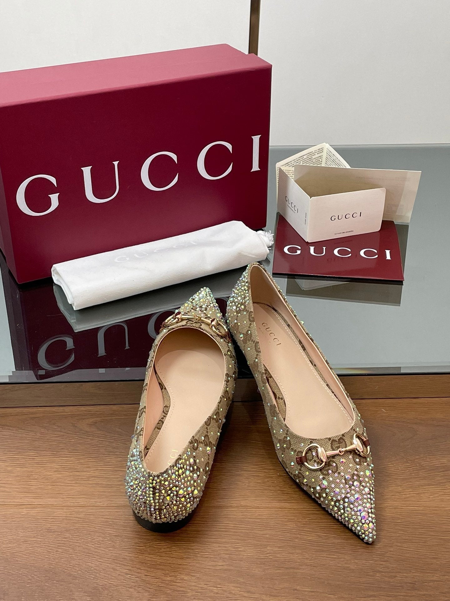 Luxury Gucci GG Horsebit Ballet Flat Beige Ebony Monogram Canvas Crystal-Embellished