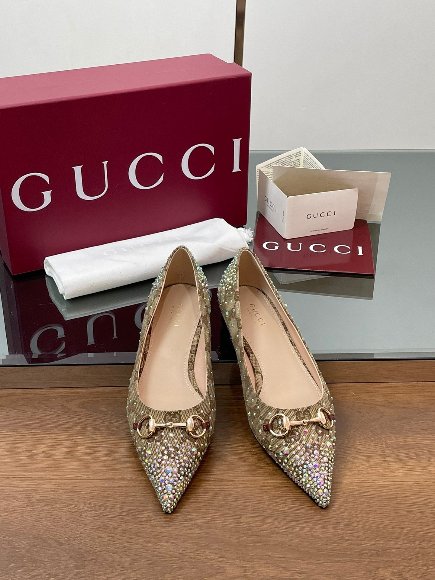 Luxury Gucci GG Horsebit Ballet Flat Beige Ebony Monogram Canvas Crystal-Embellished