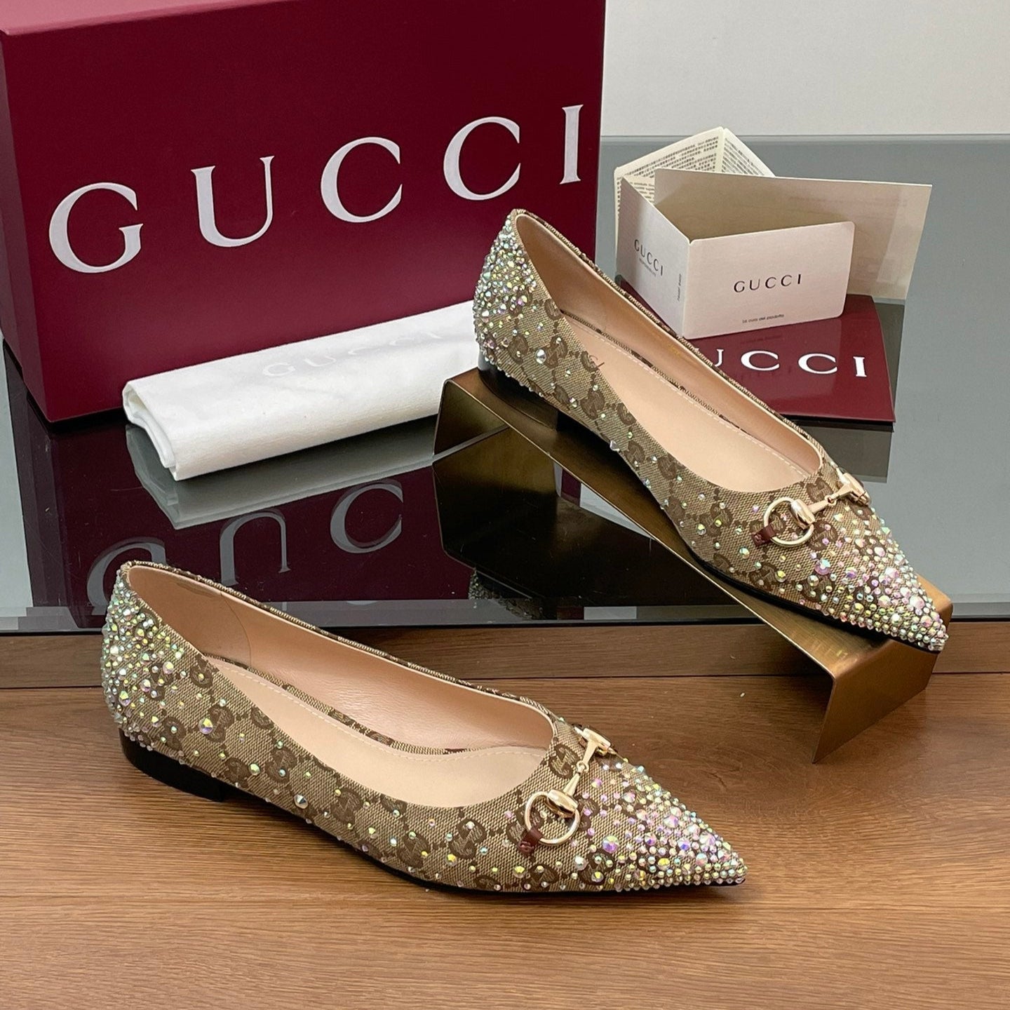 Luxury Gucci GG Horsebit Ballet Flat Beige Ebony Monogram Canvas Crystal-Embellished