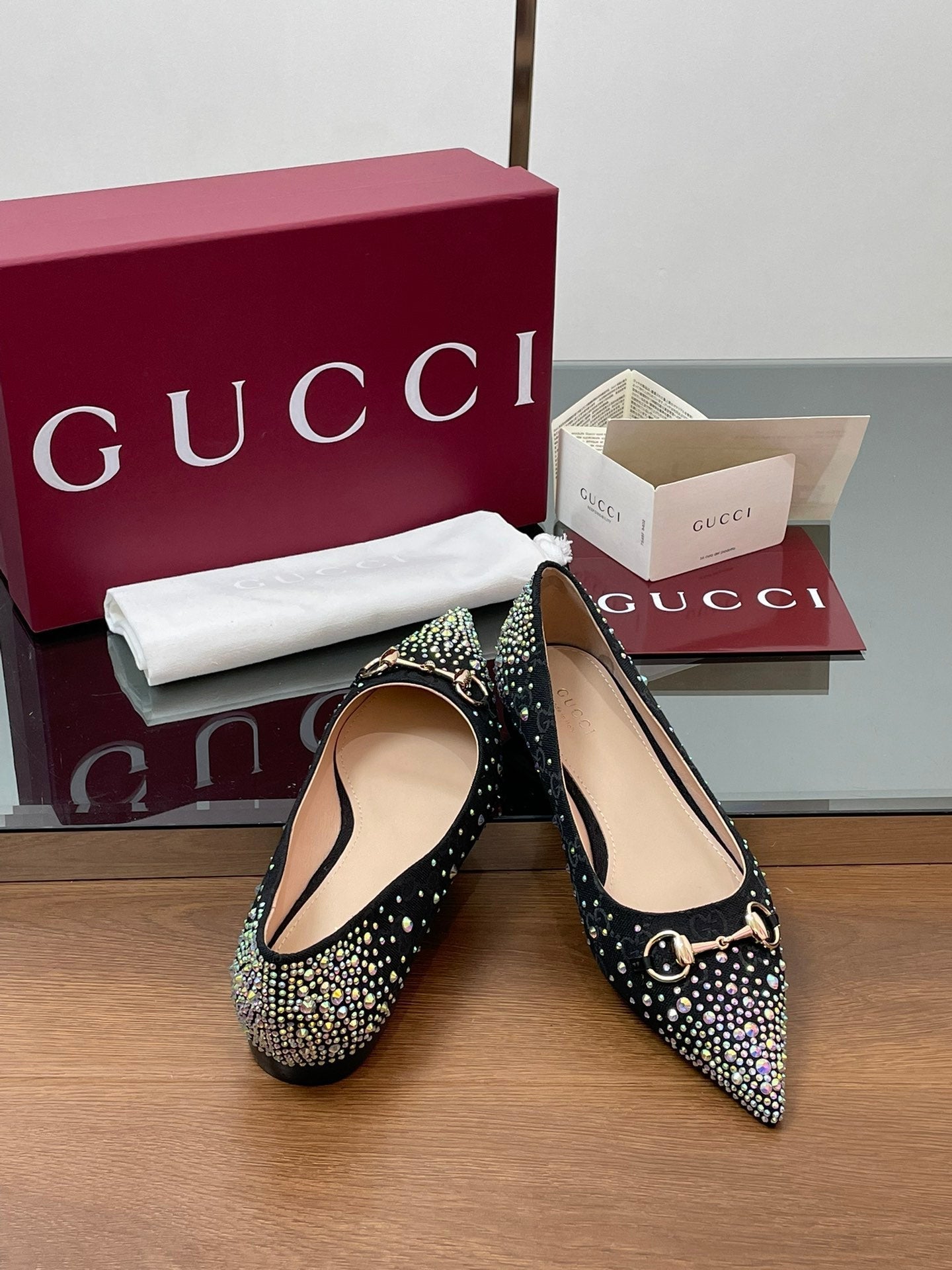 Luxury Gucci GG Horsebit Ballet Flat Black Ebony Monogram Canvas Crystal-Embellished