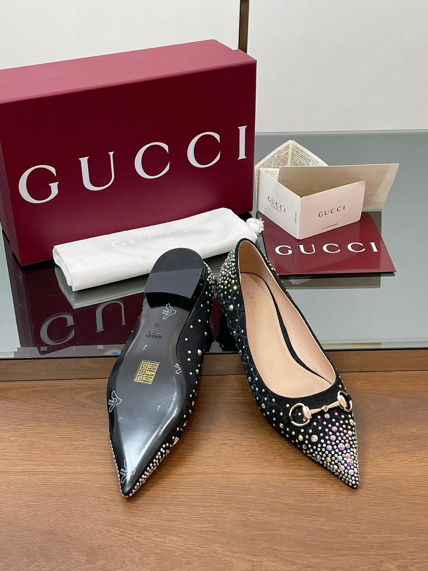 Luxury Gucci GG Horsebit Ballet Flat Black Ebony Monogram Canvas Crystal-Embellished