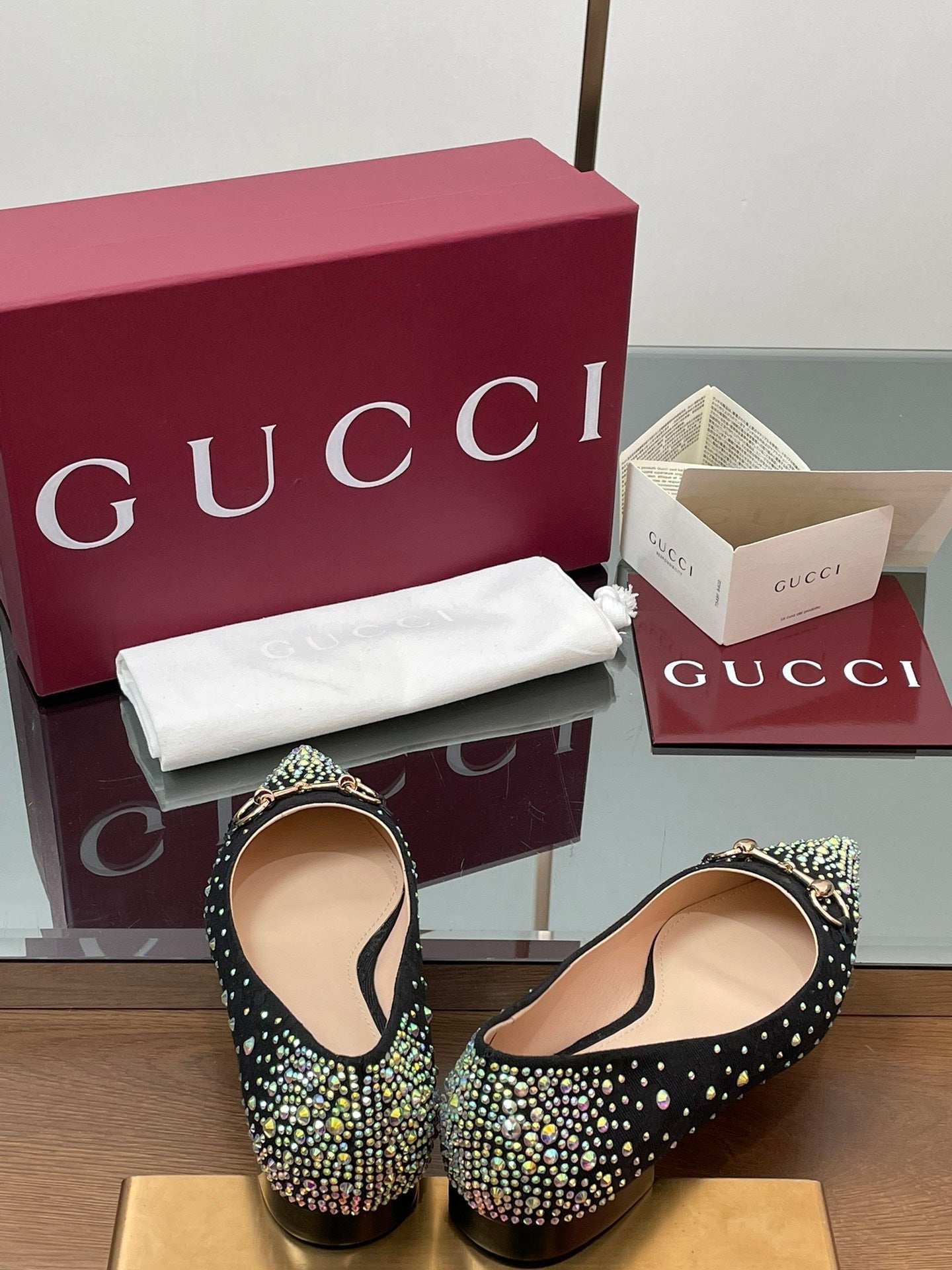 Luxury Gucci GG Horsebit Ballet Flat Black Ebony Monogram Canvas Crystal-Embellished