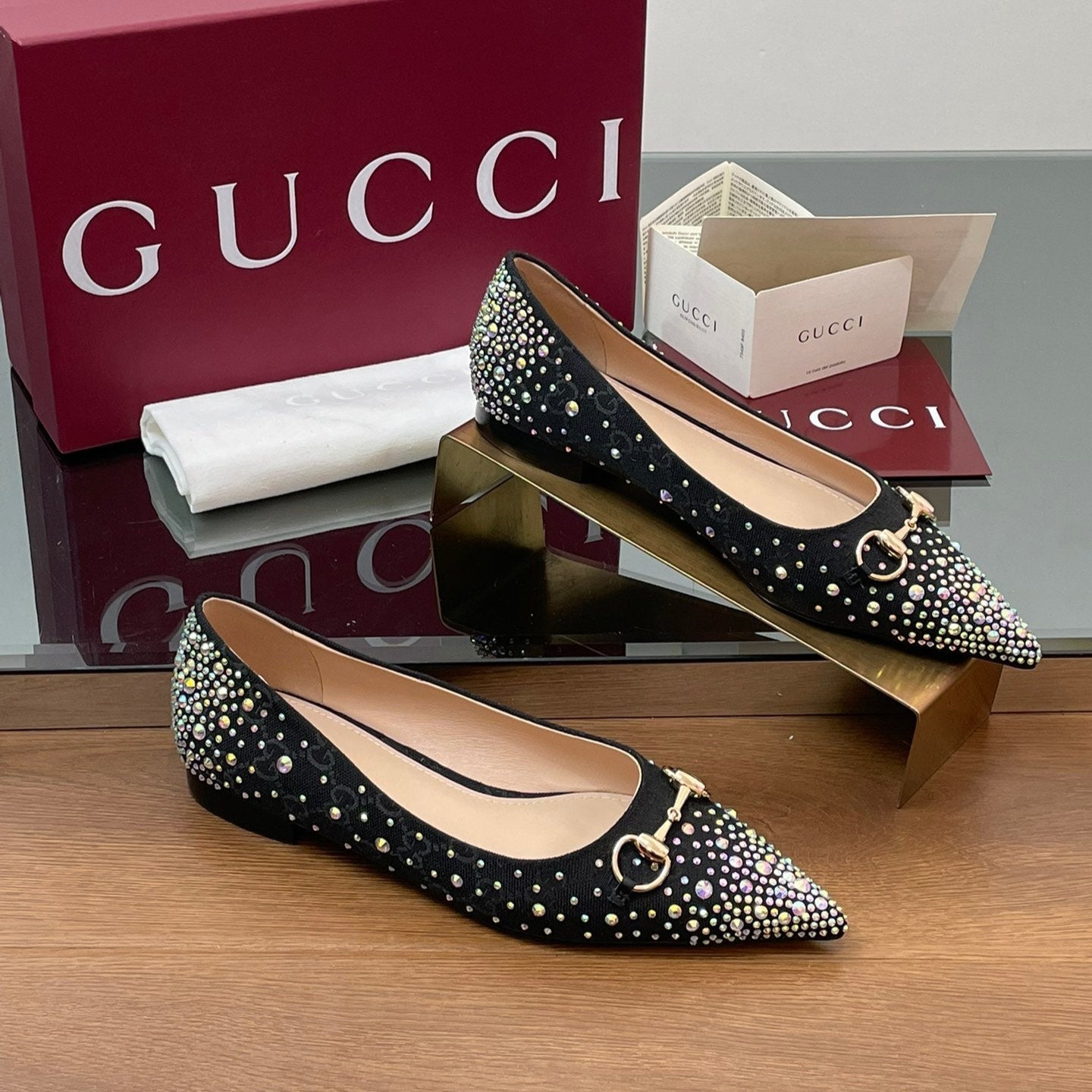 Luxury Gucci GG Horsebit Ballet Flat Black Ebony Monogram Canvas Crystal-Embellished