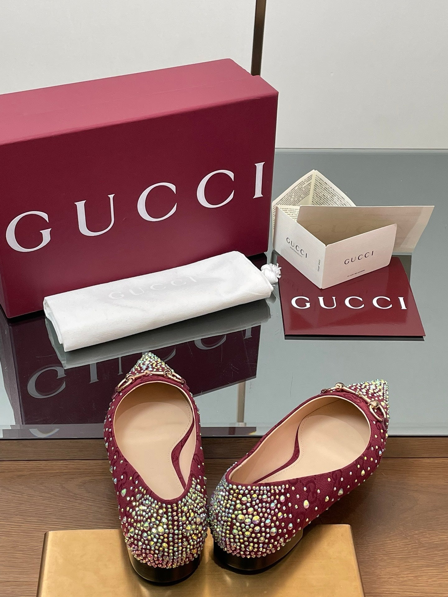 Luxury Gucci GG Horsebit Ballet Flat Red Ebony Monogram Canvas Crystal-Embellished