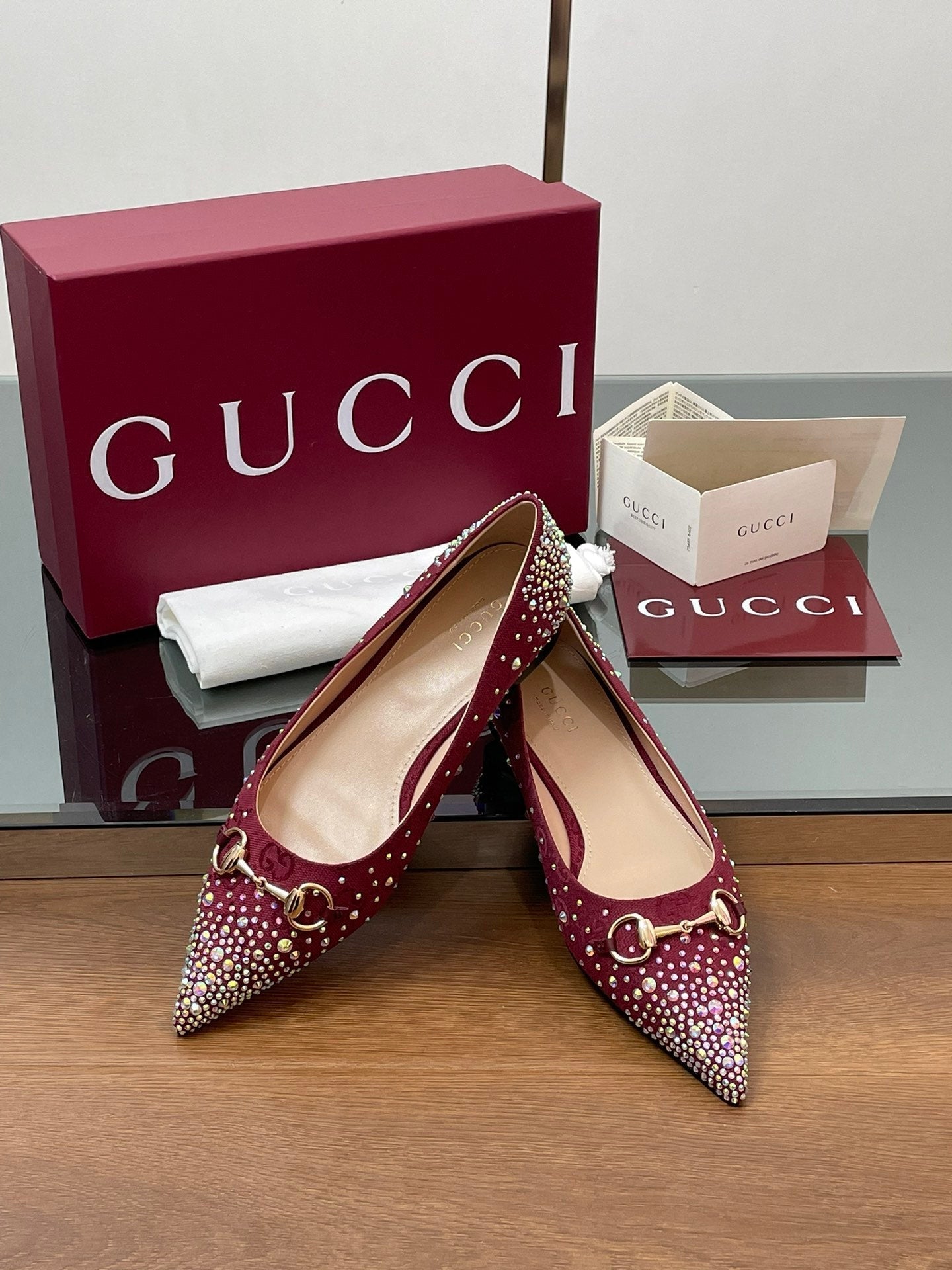 Luxury Gucci GG Horsebit Ballet Flat Red Ebony Monogram Canvas Crystal-Embellished